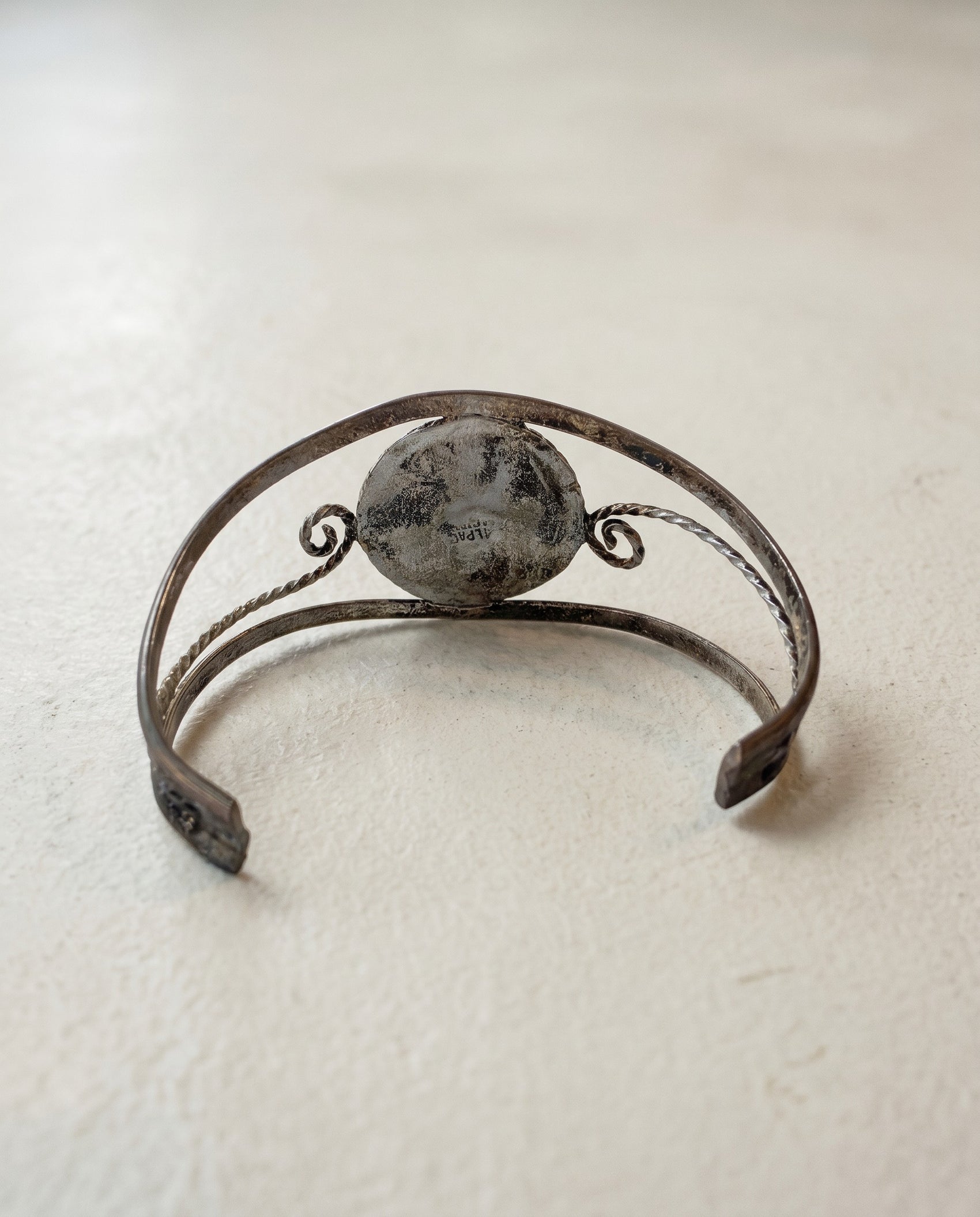 Vintage Mexican Alpaca Silver Cuff Bracelet with Lapis & Mother-of-Pearl Floral Inlay