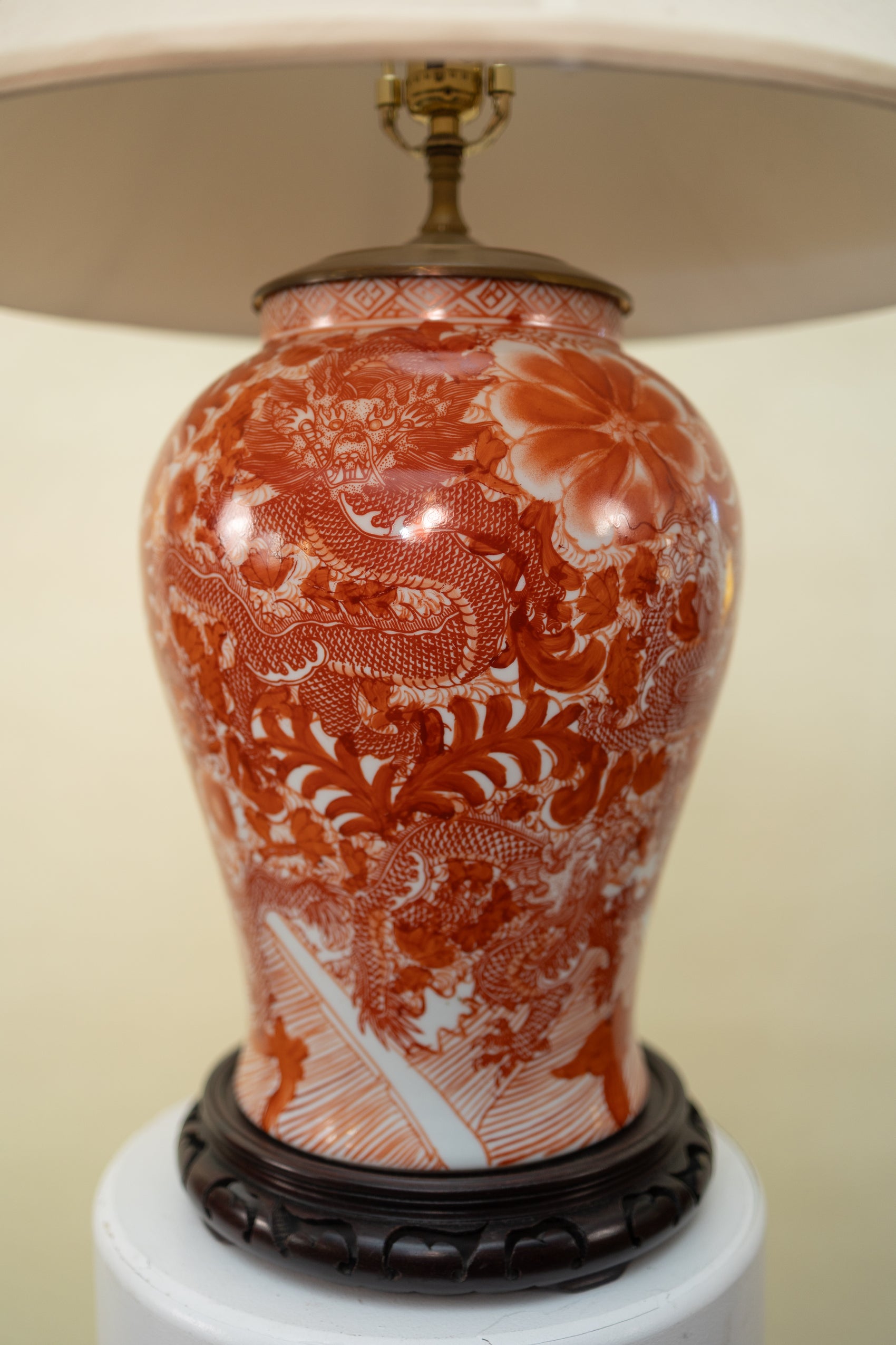 Vintage Porcelain Lamp — Burnt Orange Dragon Motif with Linen Shade