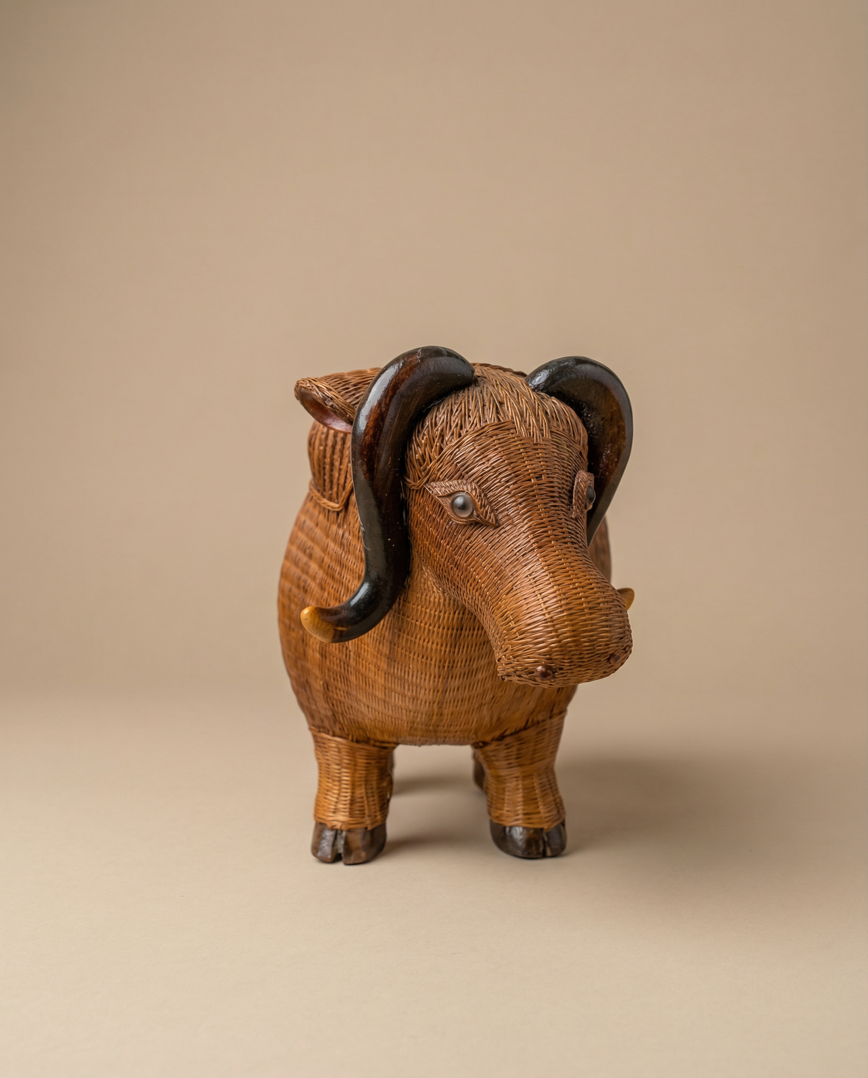 Vintage Woven Rattan Buffalo Figurine