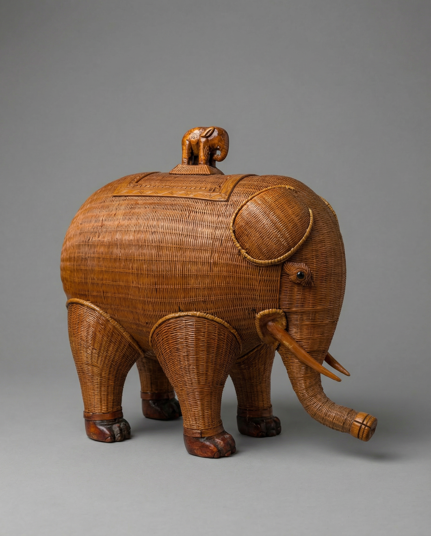 Vintage Woven Rattan Elephant Storage Box