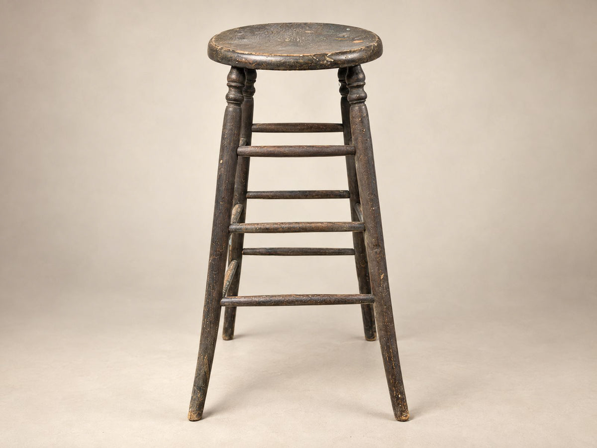 Antique Primitive Turned Wood Tall Stool with Maker’s Mark