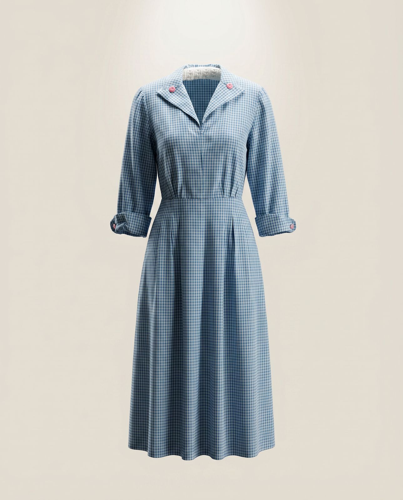 Vintage Blue Gingham Shirt Dress with Pink Button Details - M