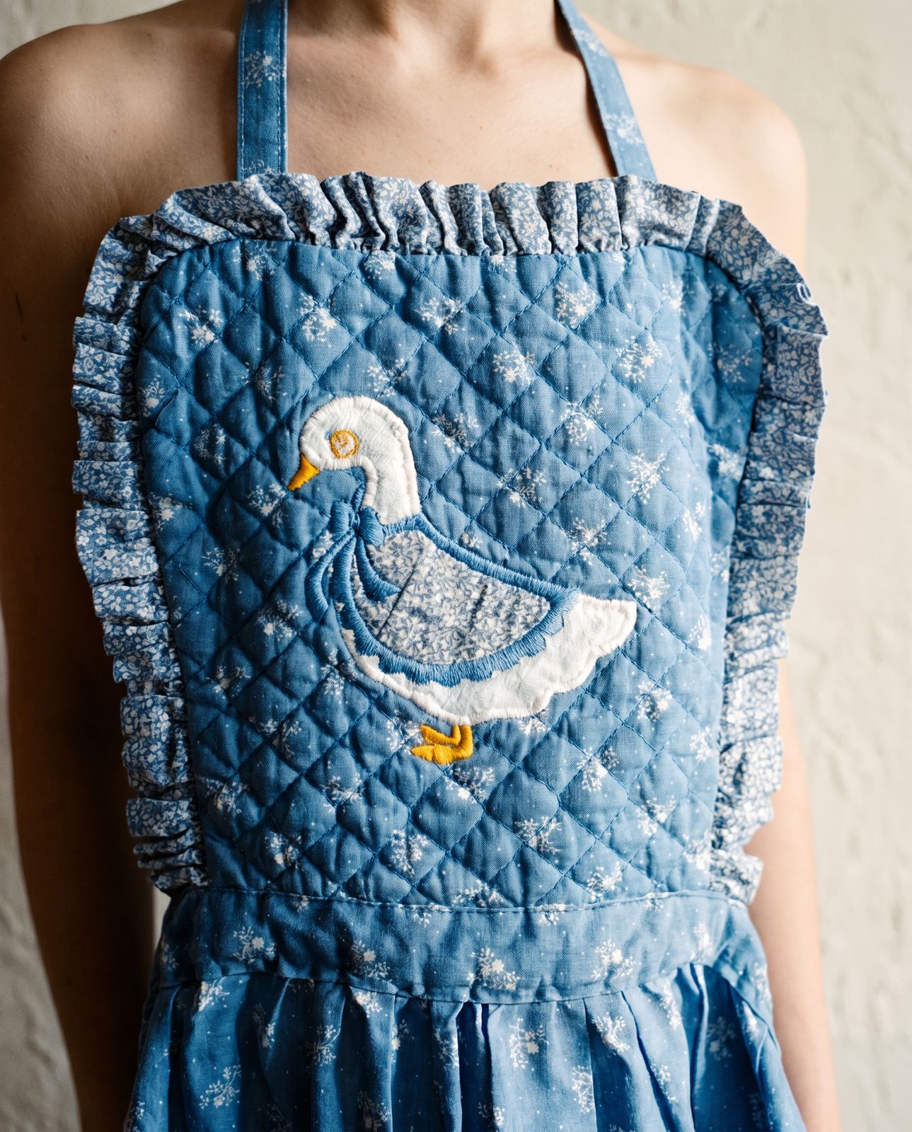 Vintage Blue Calico Apron Dress with Quilted Goose Bodice