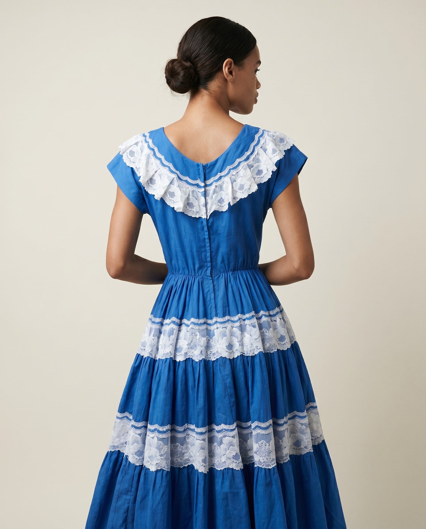 Vintage Cobalt Blue Lace Tiered Midi Dress