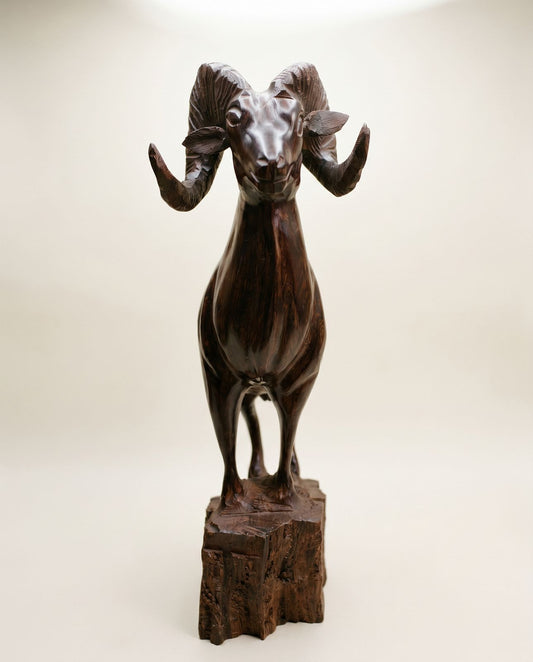Hand-Carved Ram Sculpture on Natural Wood Base