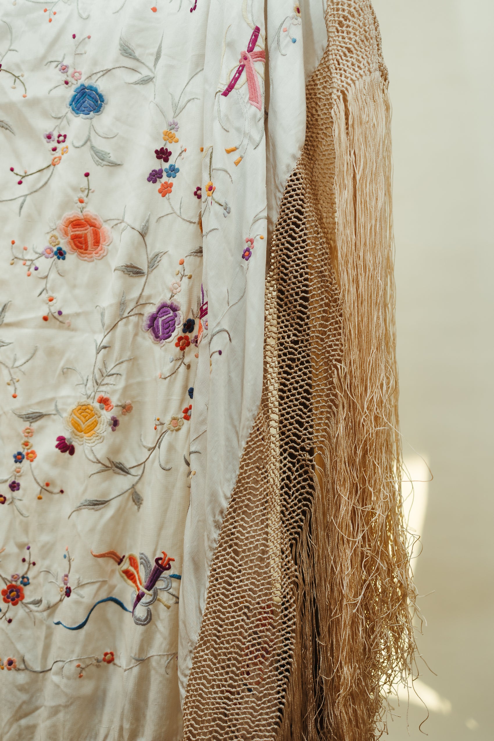 Vintage Embroidered Piano Shawl with Long Fringe