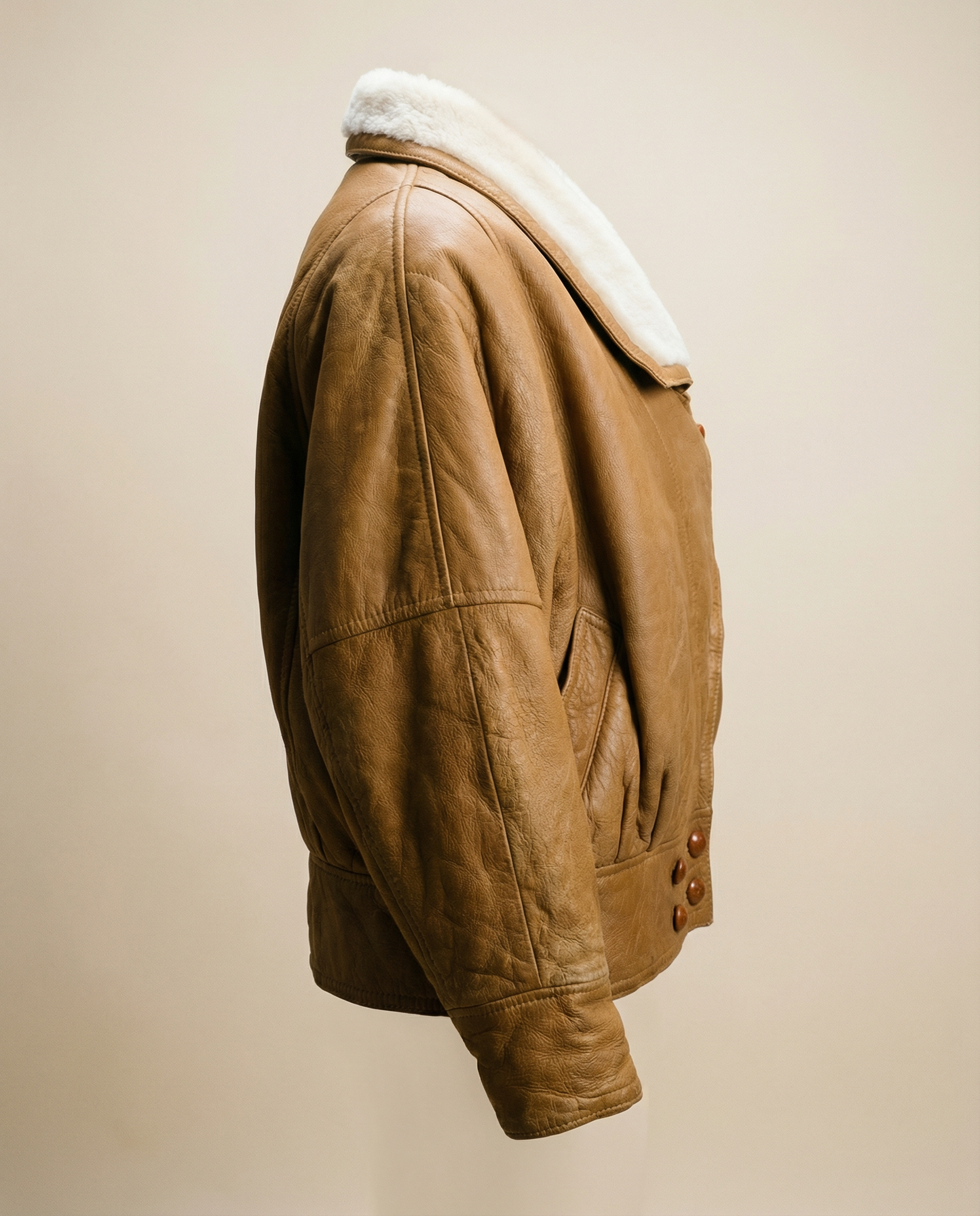 Vintage Brown Shearling Leather Jacket with Cream Wool Lining – Size M