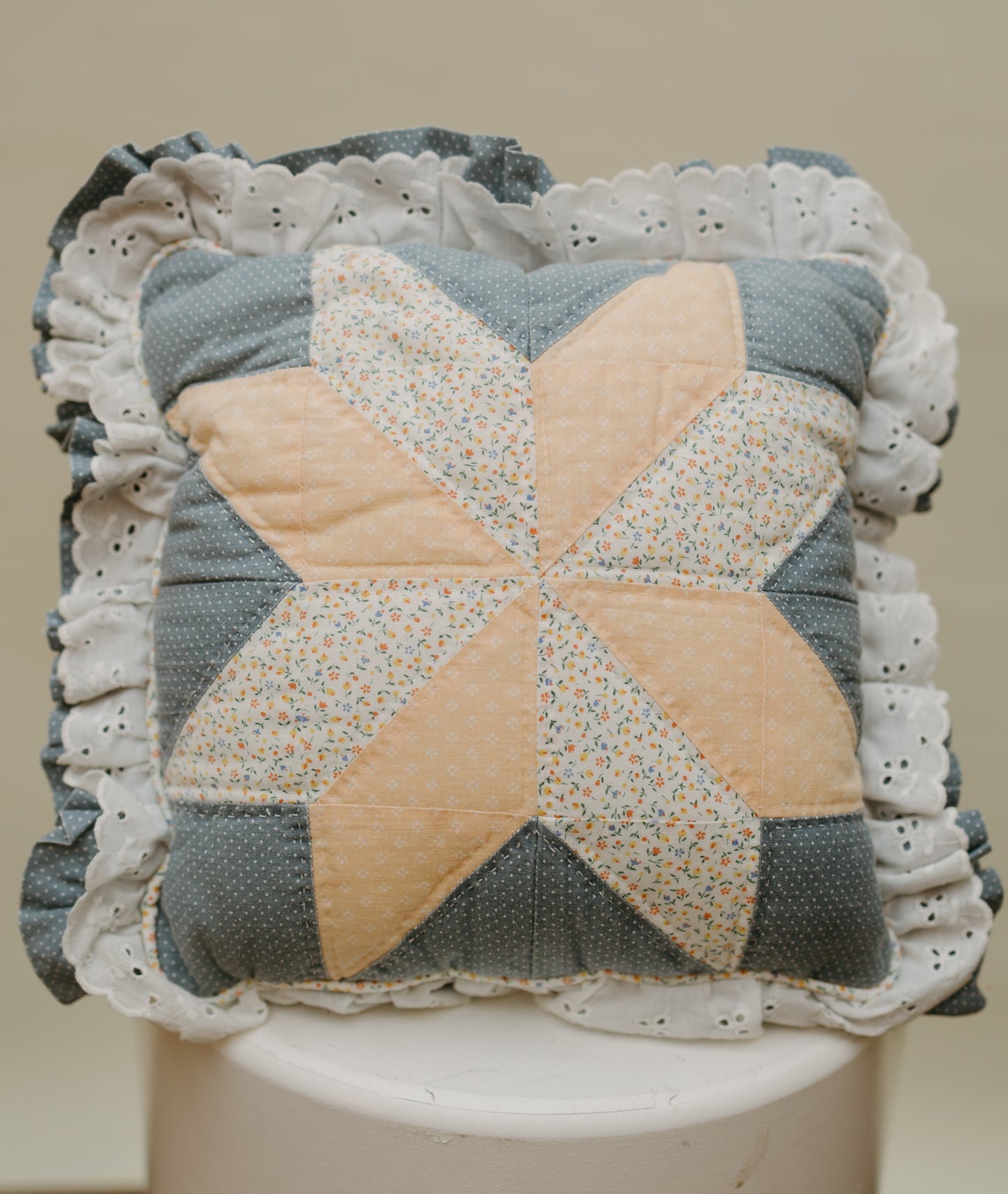 Vintage Quilted Pinwheel Pillow with Ruffle Trim