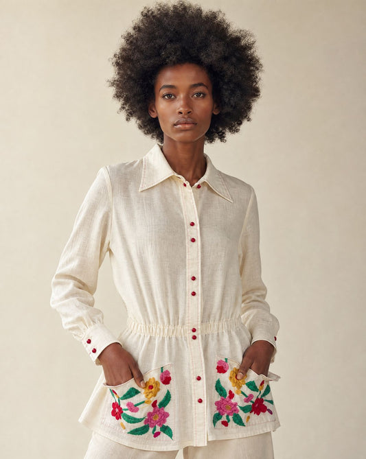 Vintage Embroidered Floral Linen Blouse | Size M–L
