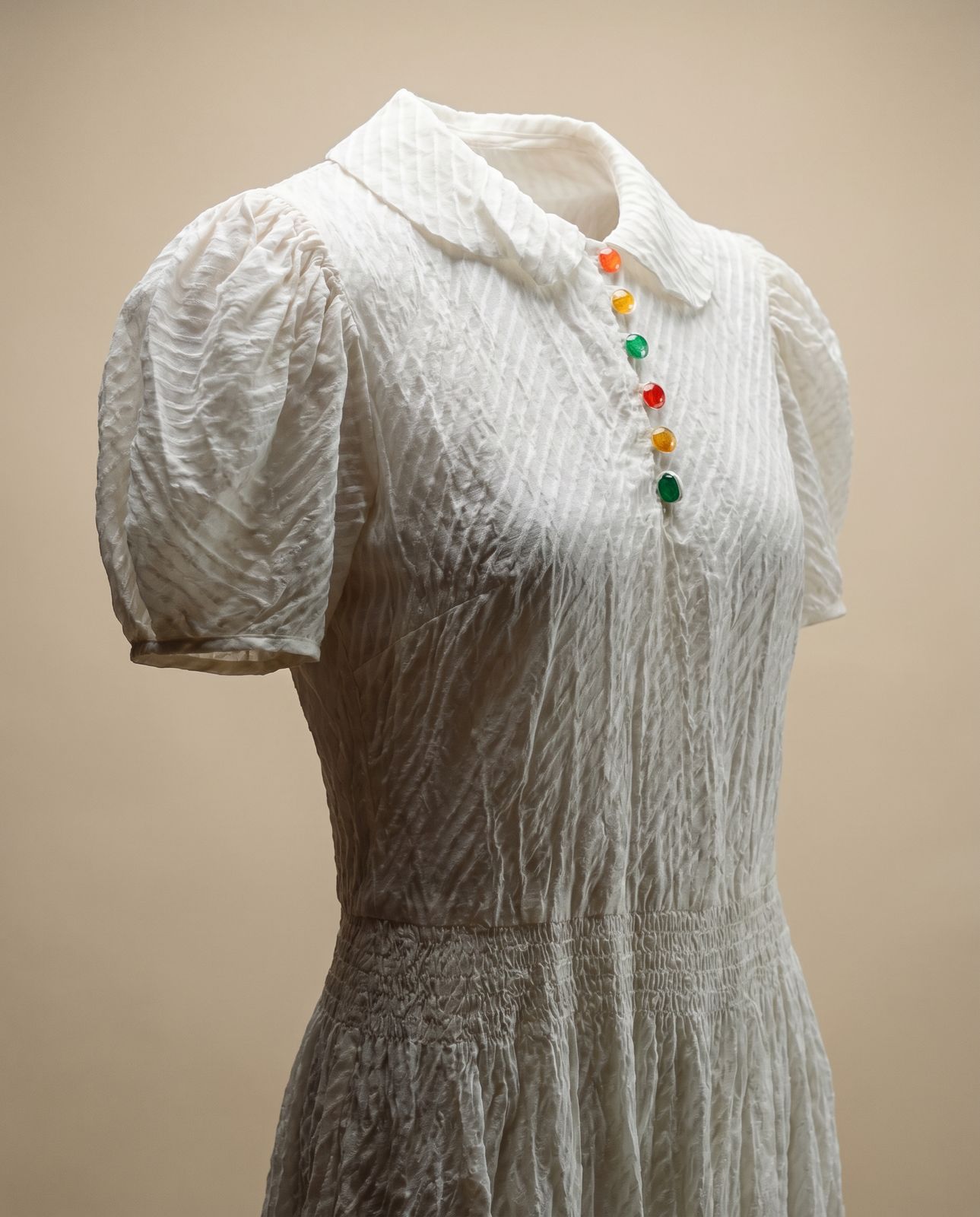 Vintage Sheer Ivory Midi Dress w/ Puff Sleeves & Jewel Buttons
