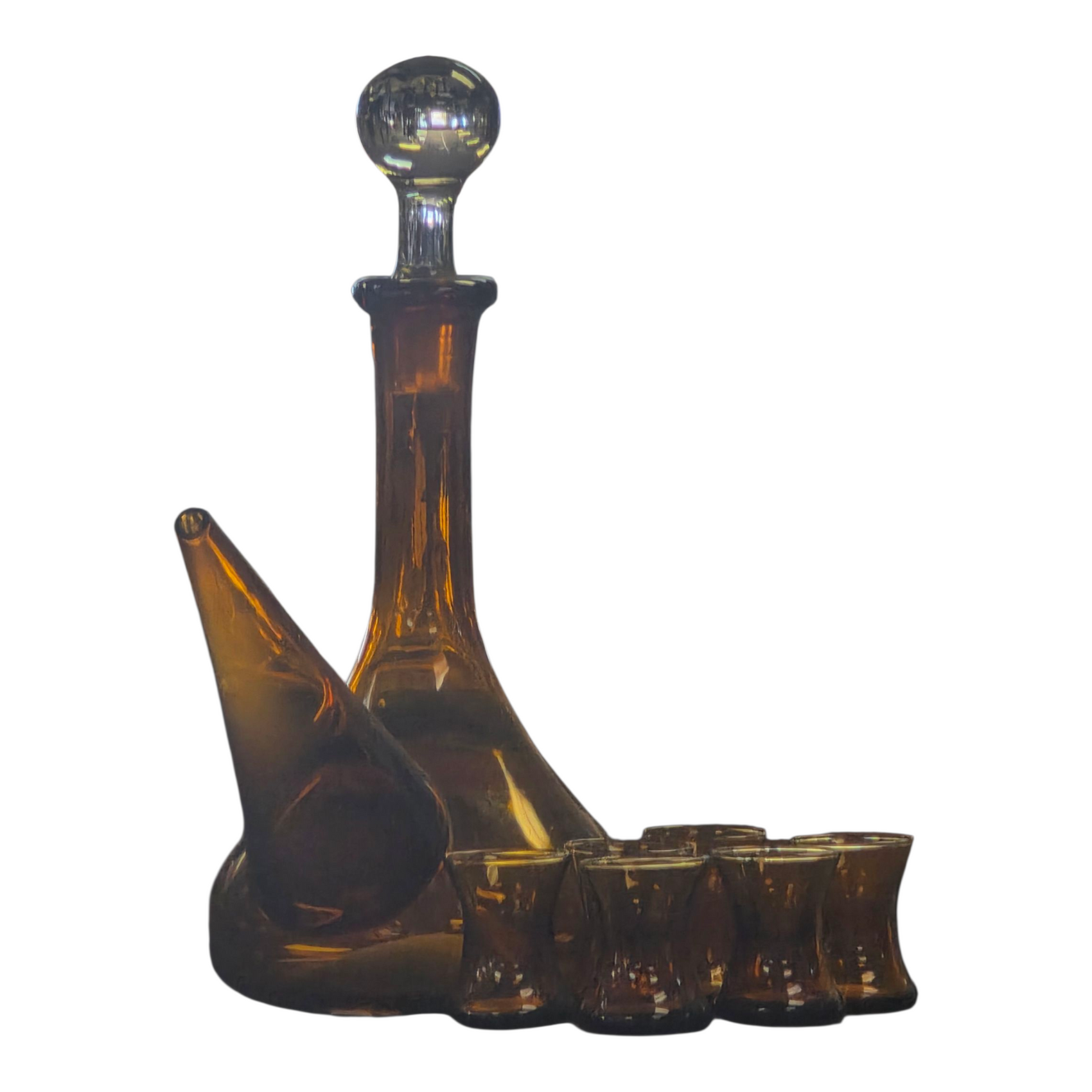 Vintage Amber Glass Decanter Set w/ Glasses