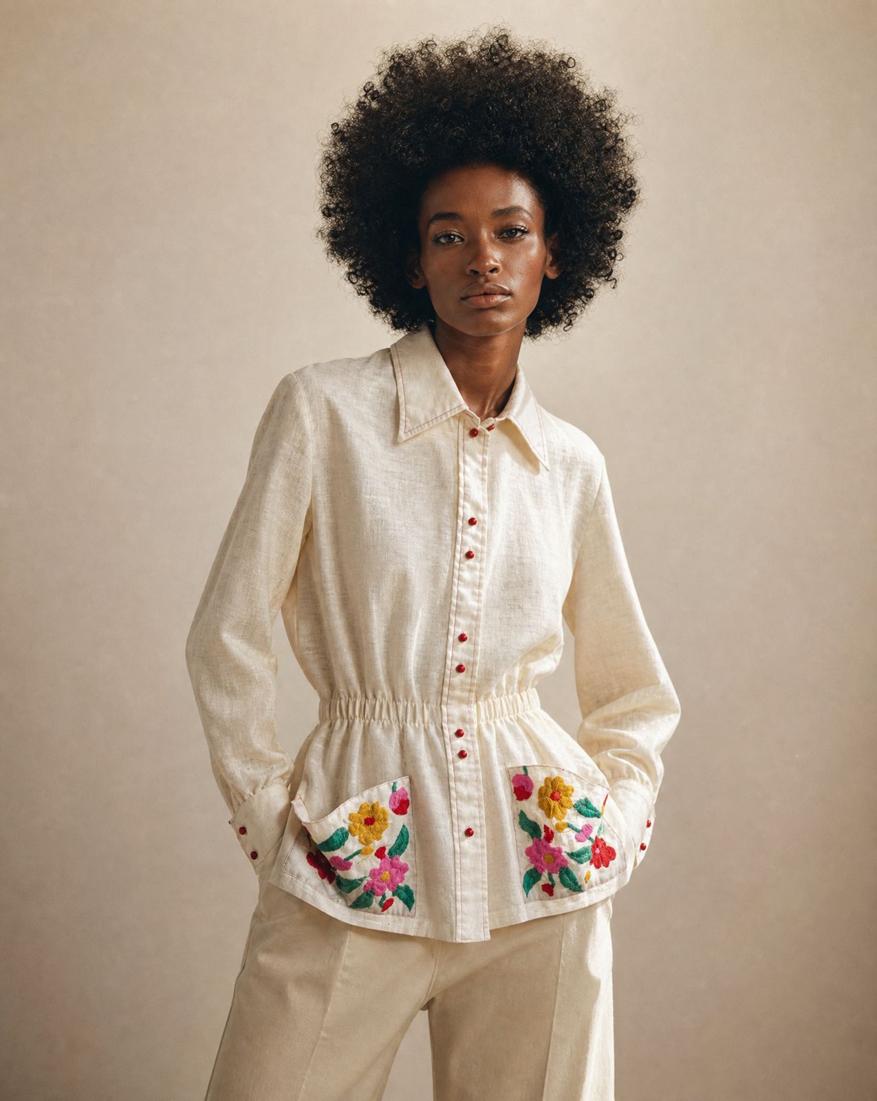 Vintage Embroidered Floral Linen Blouse | Size M–L