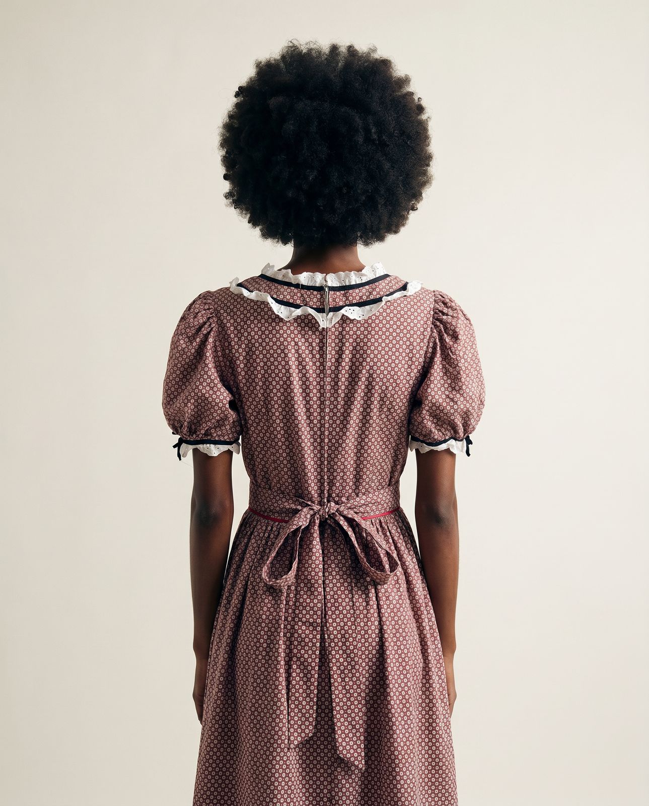 Vintage Prairie Calico Midi Dress with Eyelet Trim