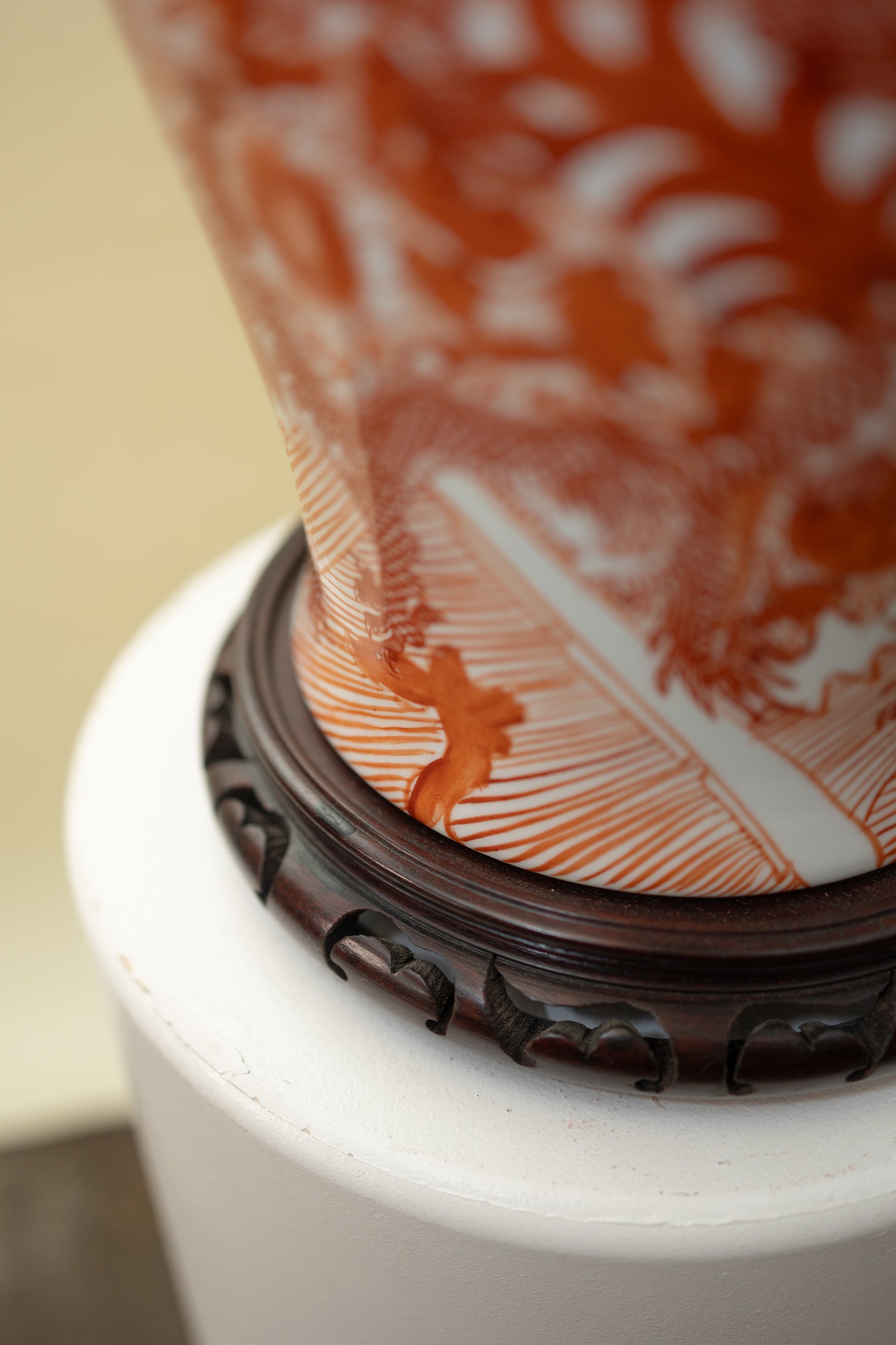 Vintage Porcelain Lamp — Burnt Orange Dragon Motif with Linen Shade