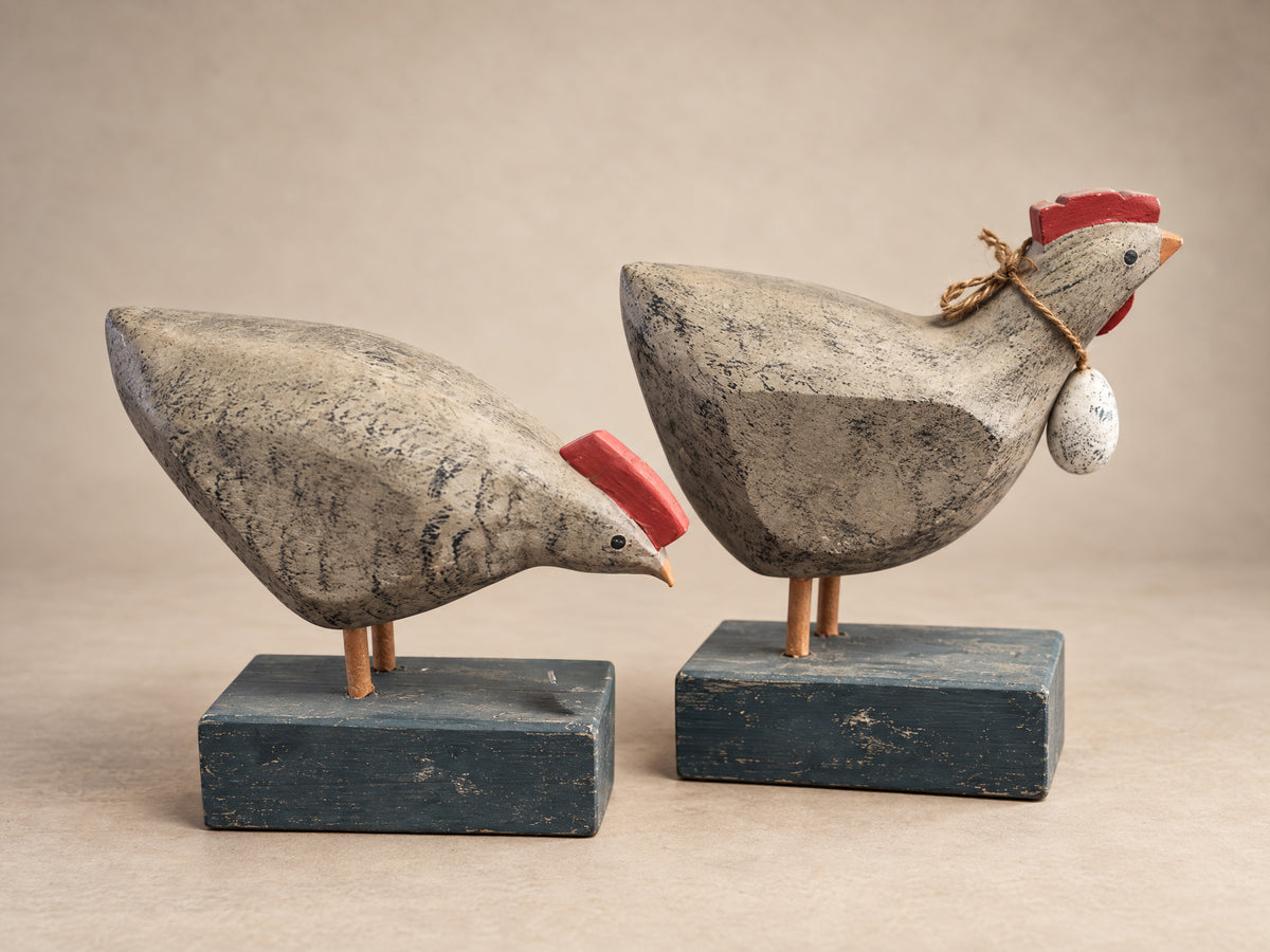 Pair of Rustic Wooden Hen Figures with Hanging Egg