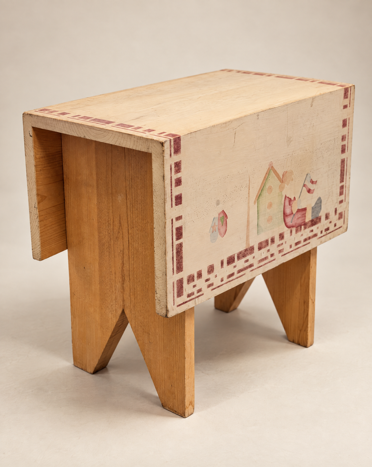 Vintage Hand-Painted Folk Art Wooden Stool