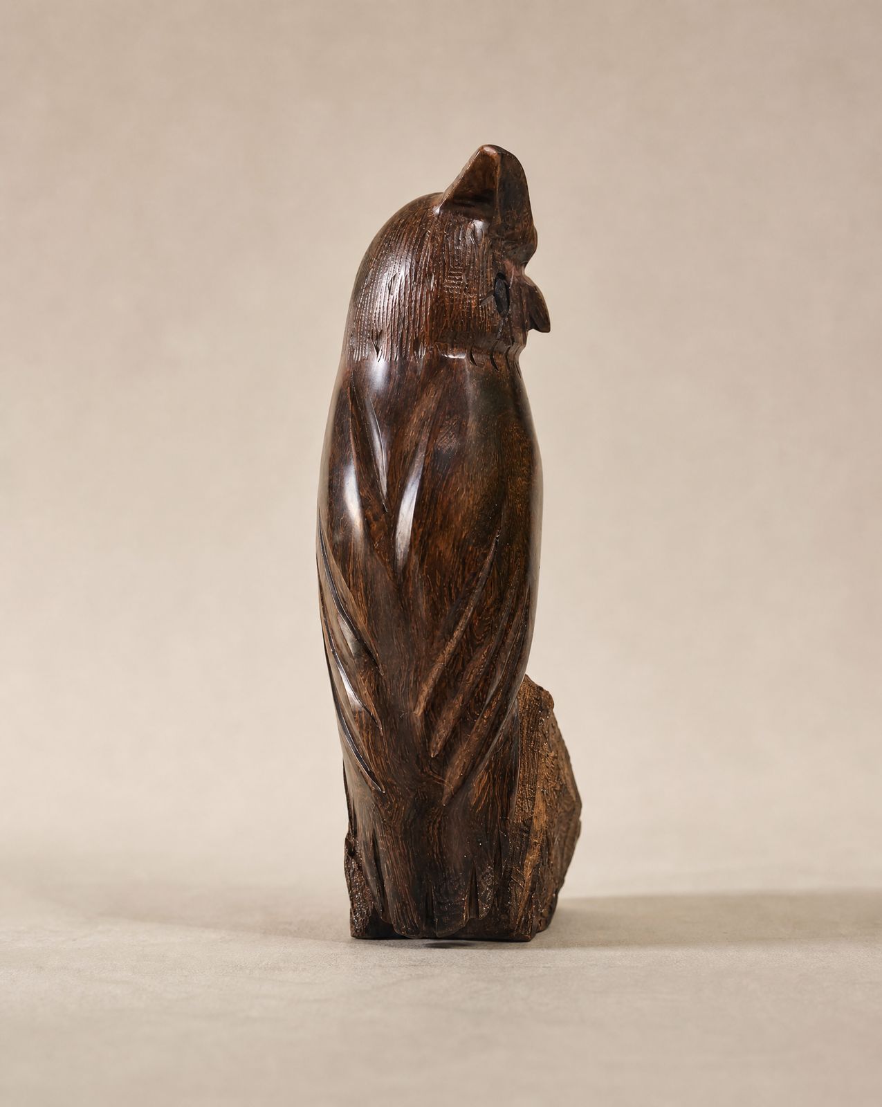 Hand-Carved Wooden Owl Sculpture on Natural Wood Base