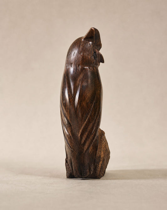 Hand-Carved Wooden Owl Sculpture on Natural Wood Base