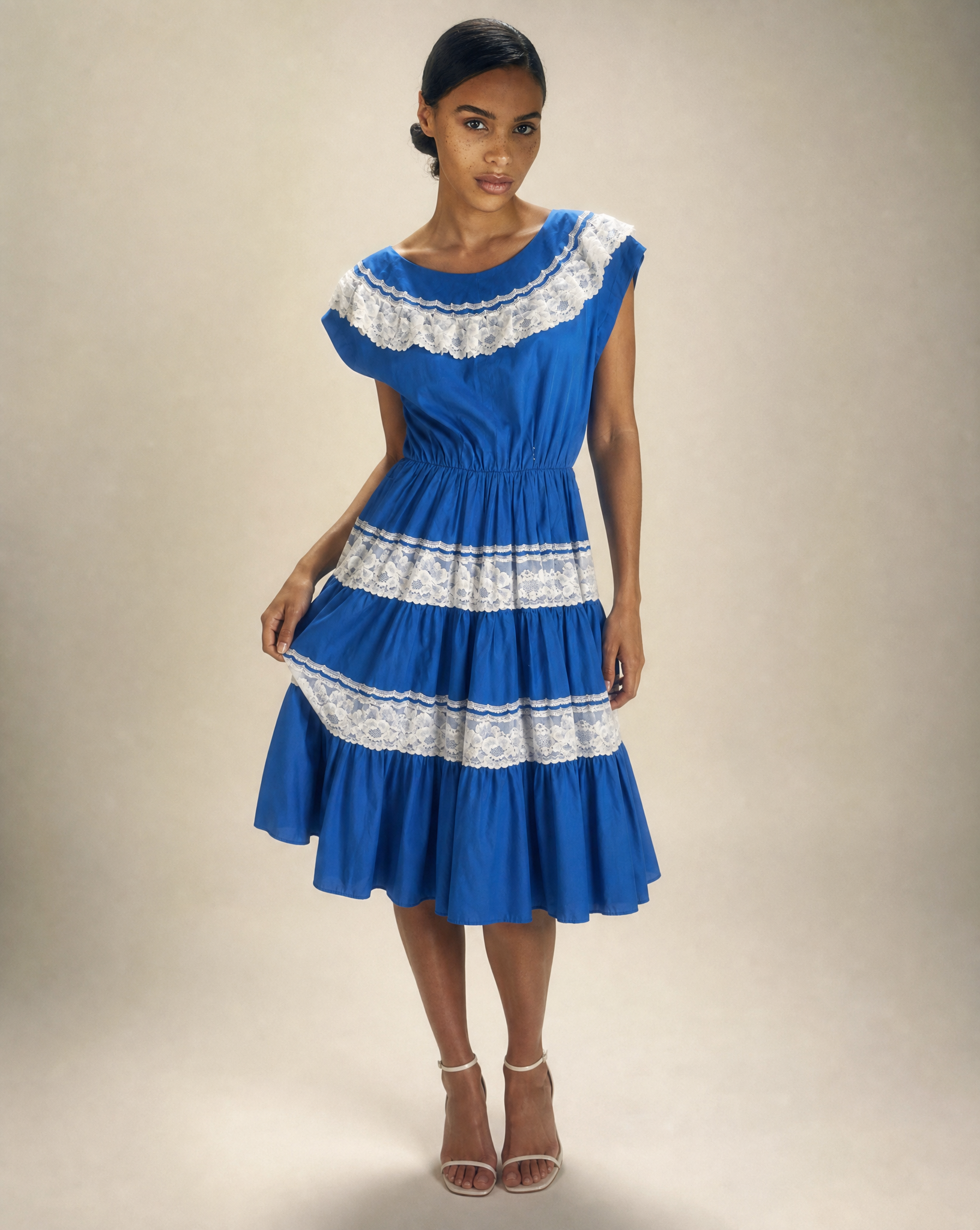 Vintage Cobalt Blue Lace Tiered Midi Dress