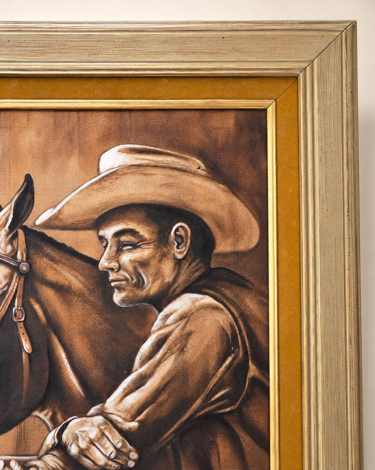 Vintage Western Cowboy & Horse Framed Canvas Print - 22" W x 26" L