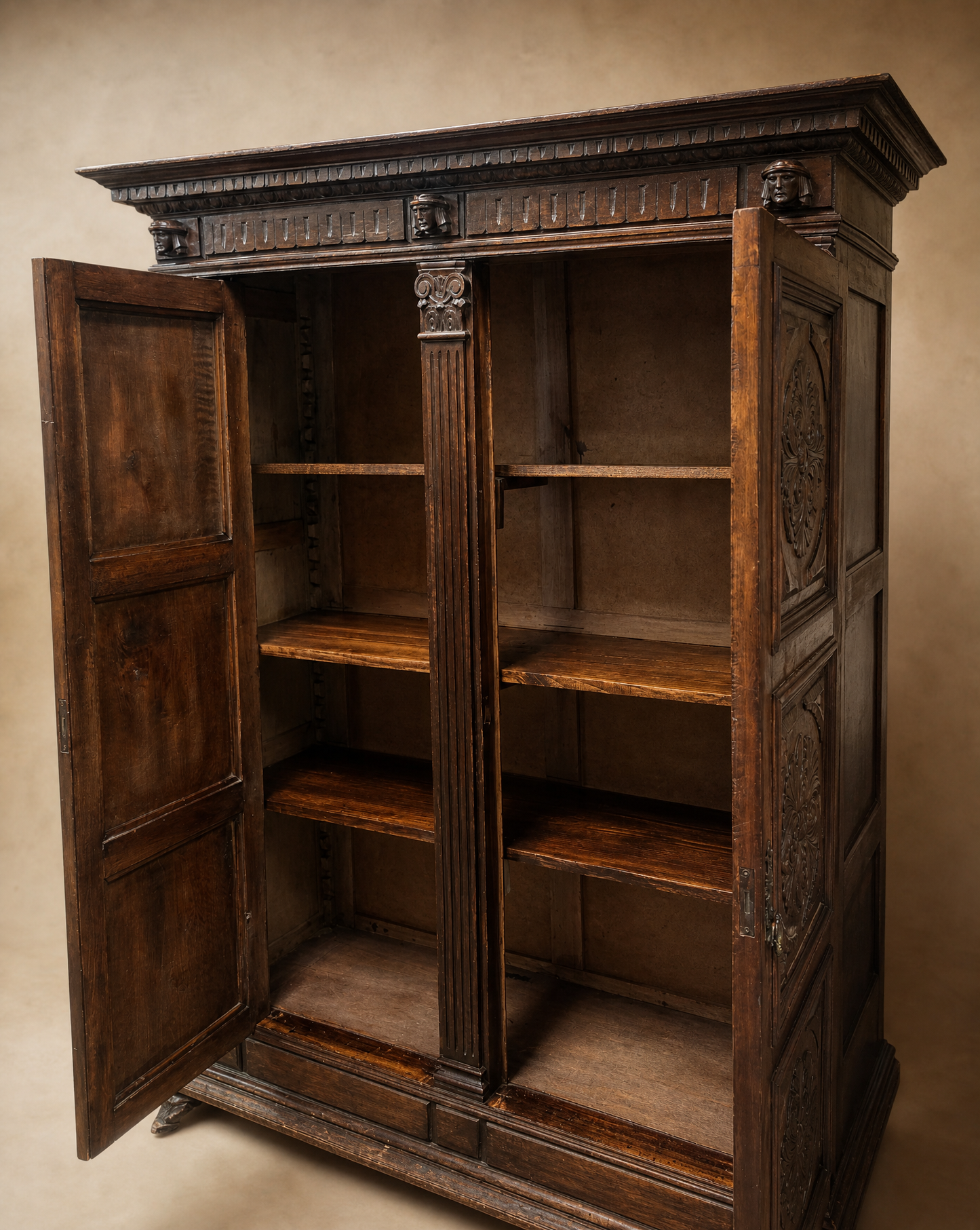 French Renaissance Revival Carved Walnut Armoire Cabinet
