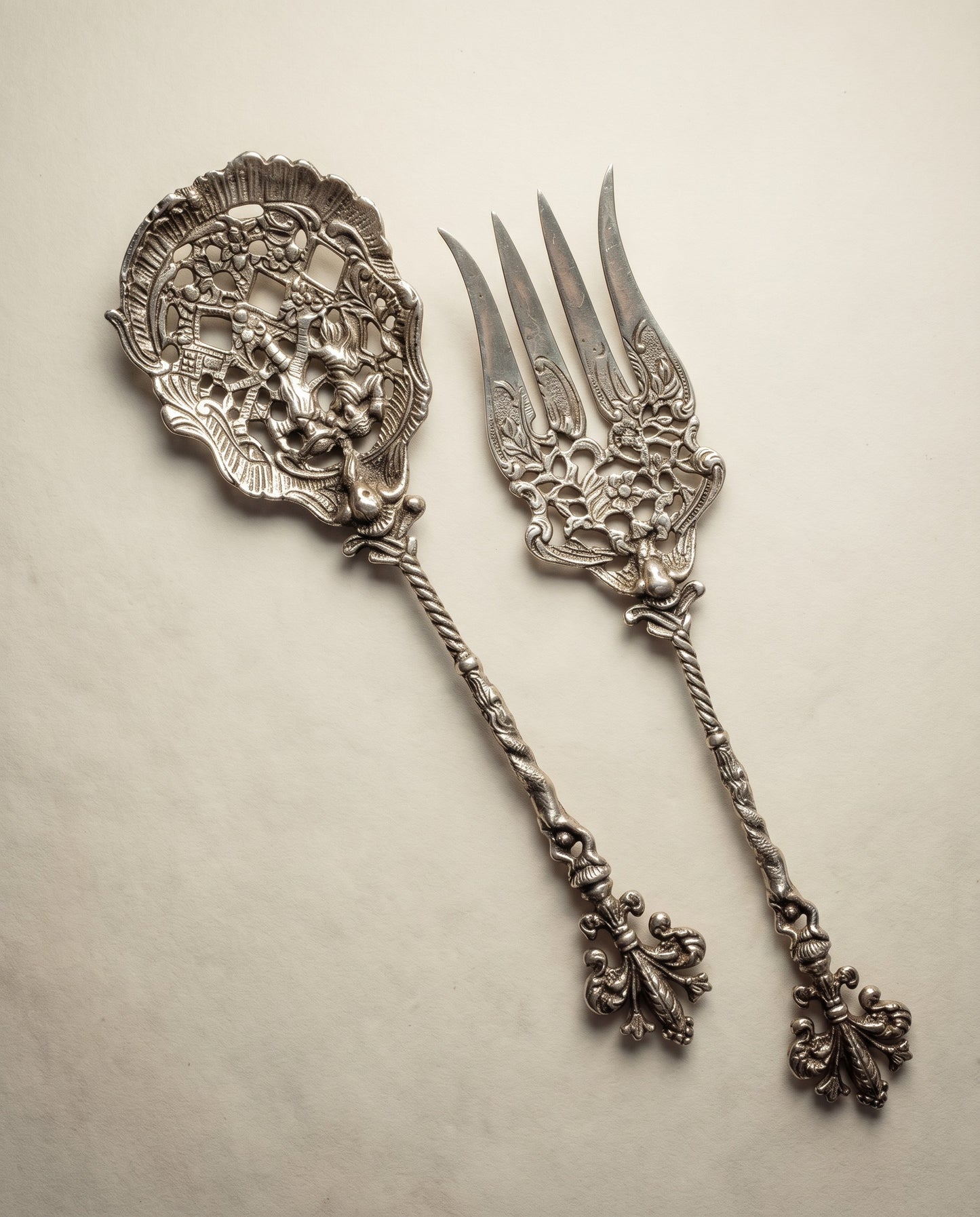 Vintage Ornate Pierced Serving Spoon & Fork Set – Cherub Handle – Baroque Style
