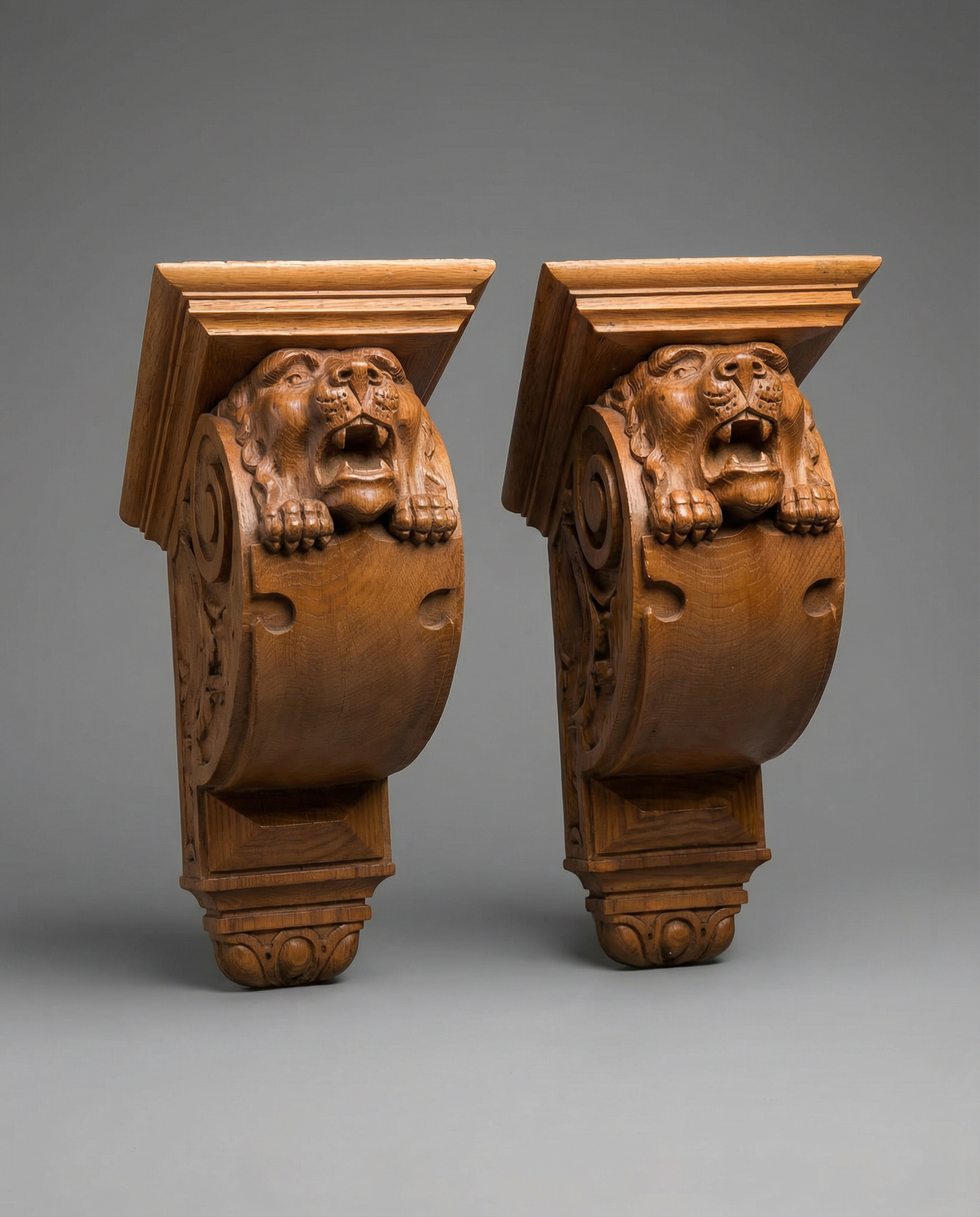 Pair of Antique Victorian Oak Lion Head Corbels (c. 1885–1910)