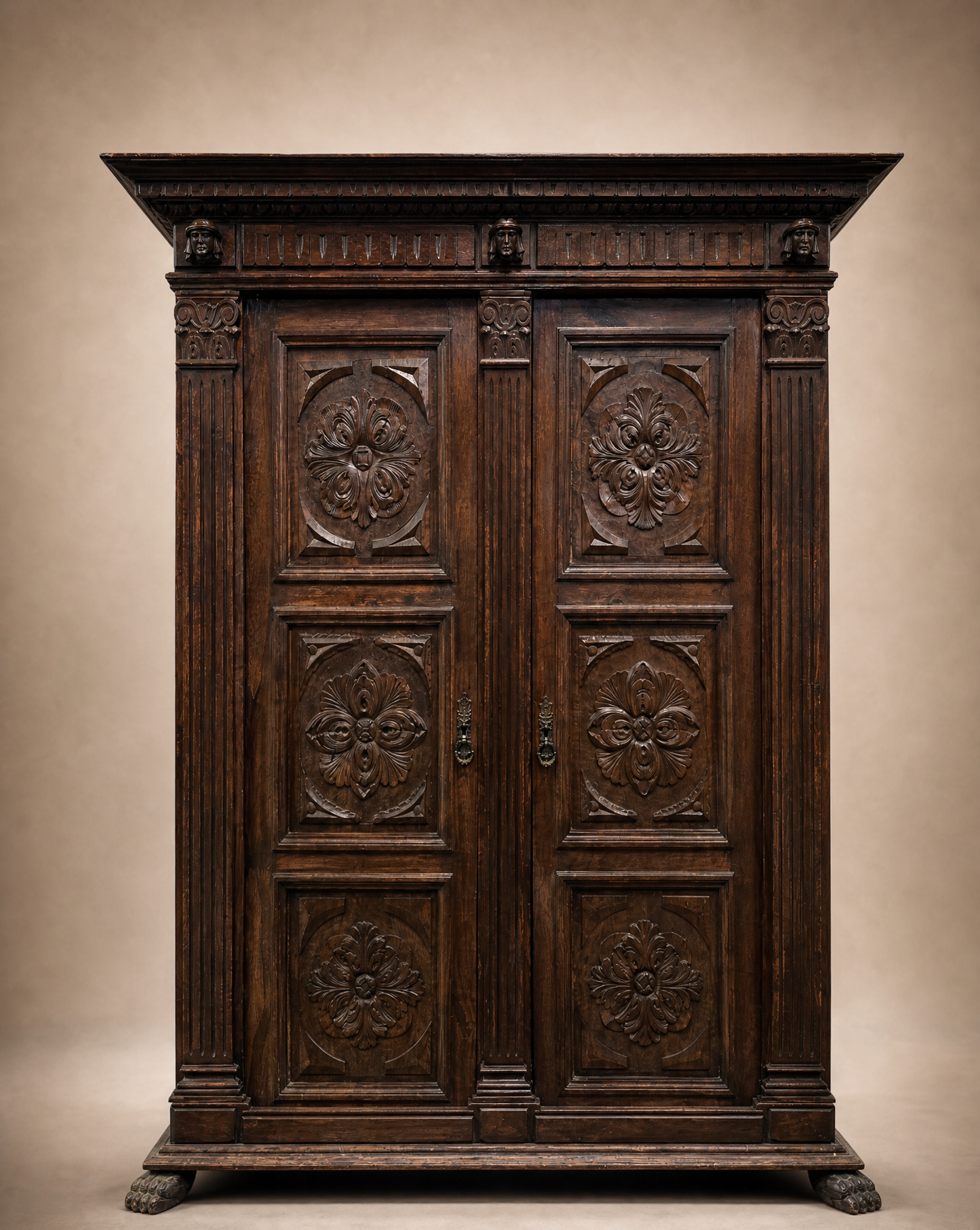 French Renaissance Revival Carved Walnut Armoire Cabinet