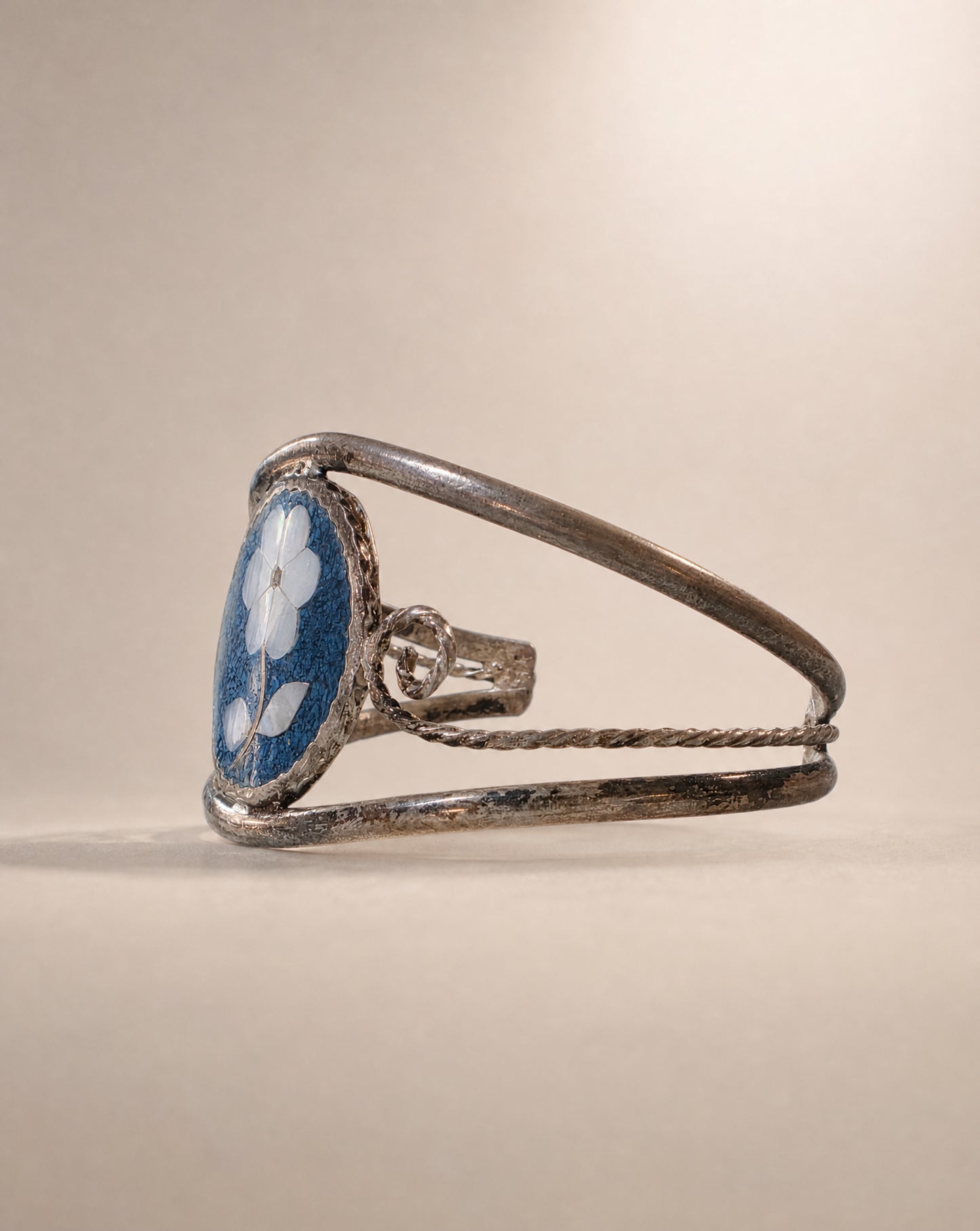 Vintage Mexican Alpaca Silver Cuff Bracelet with Lapis & Mother-of-Pearl Floral Inlay