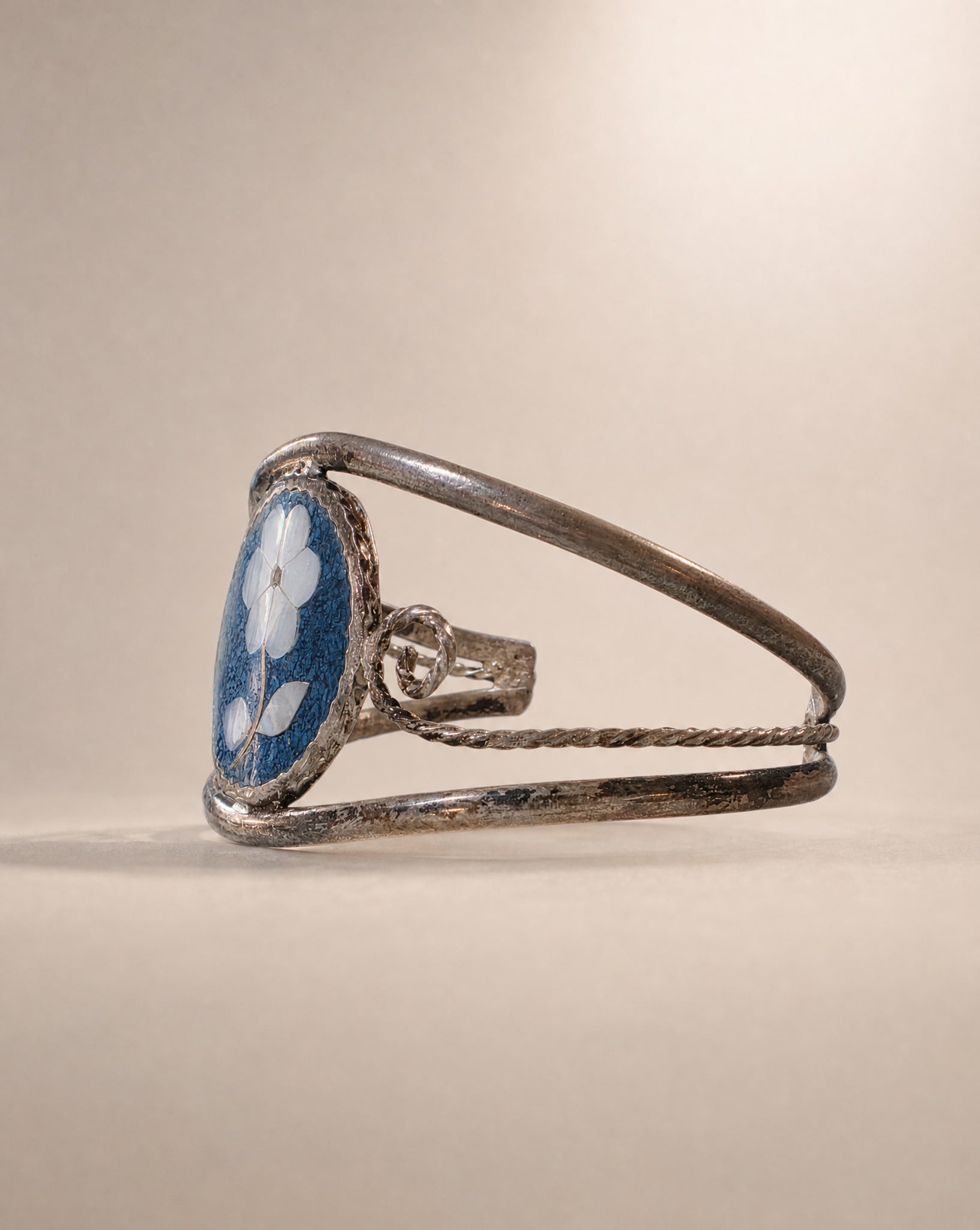 Vintage Mexican Alpaca Silver Cuff Bracelet with Lapis & Mother-of-Pearl Floral Inlay