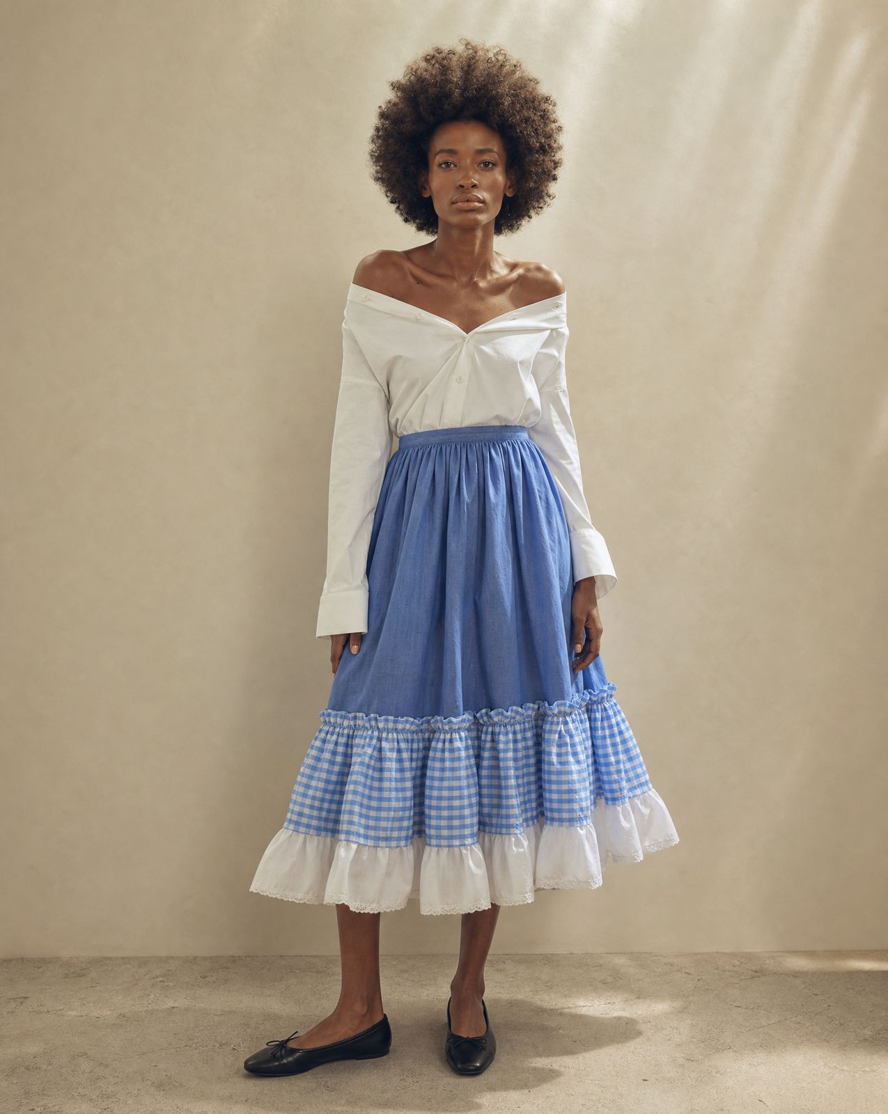 Vintage Blue Gingham Ruffle Prairie Skirt – Size XS