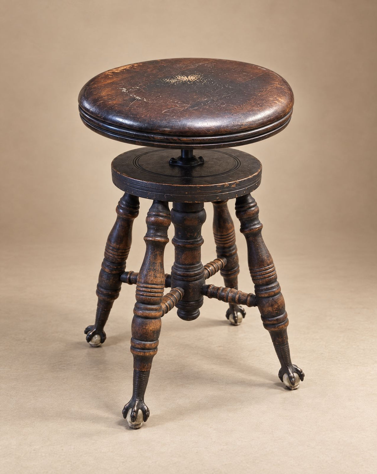 Antique Adjustable Piano Stool with Glass Ball & Claw Feet