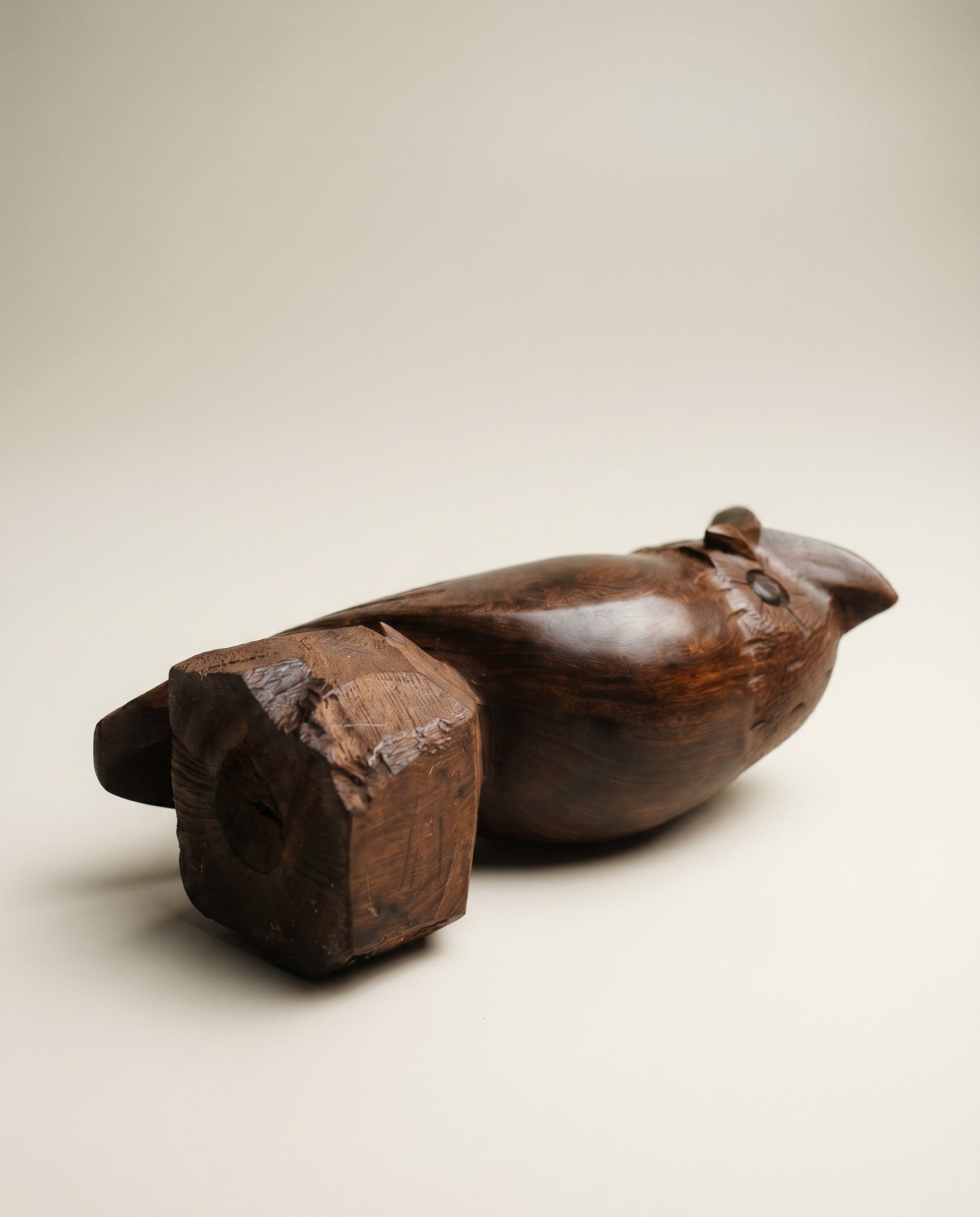Hand-Carved Wooden Owl Sculpture on Natural Wood Base