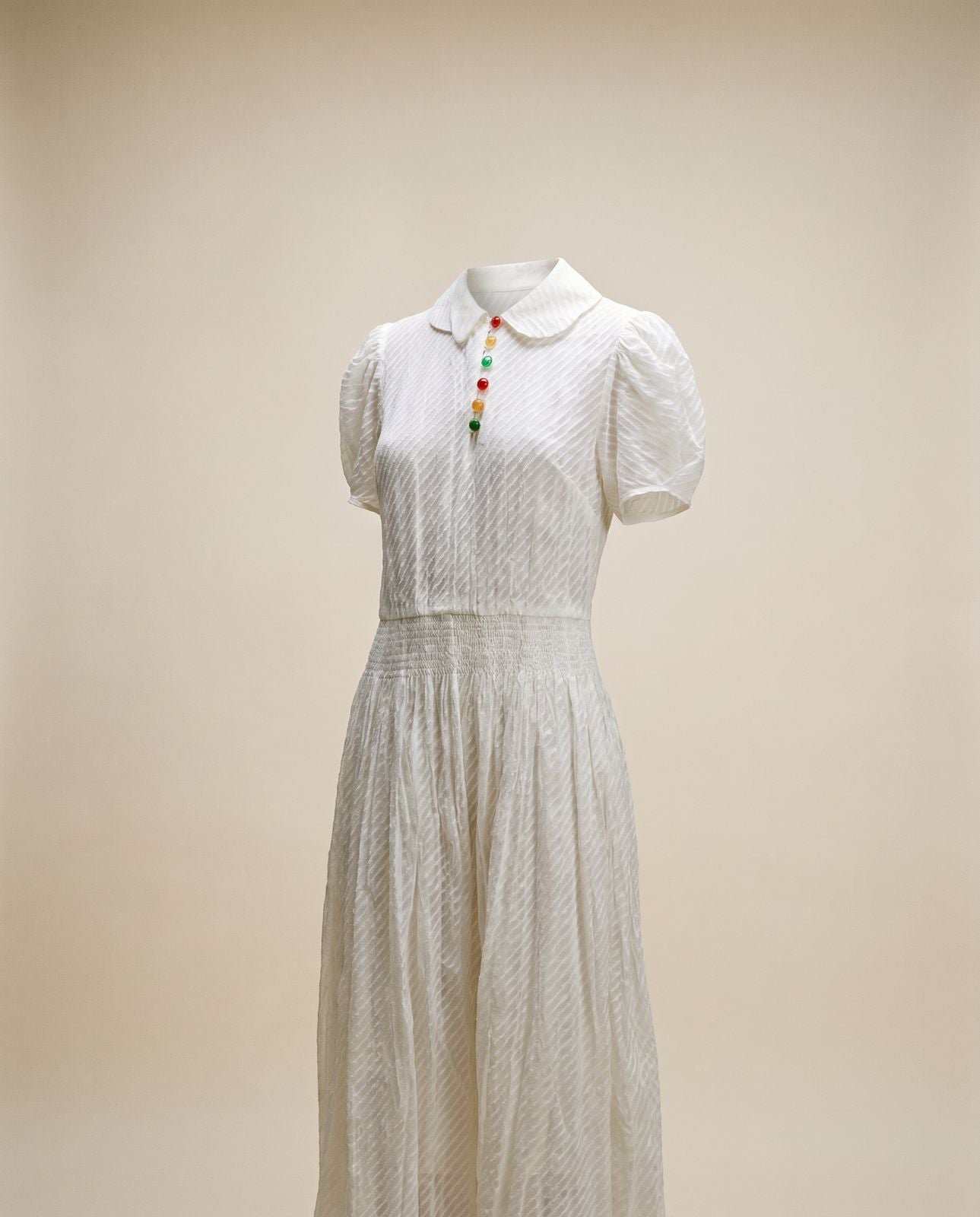 Vintage Sheer Ivory Midi Dress w/ Puff Sleeves & Jewel Buttons