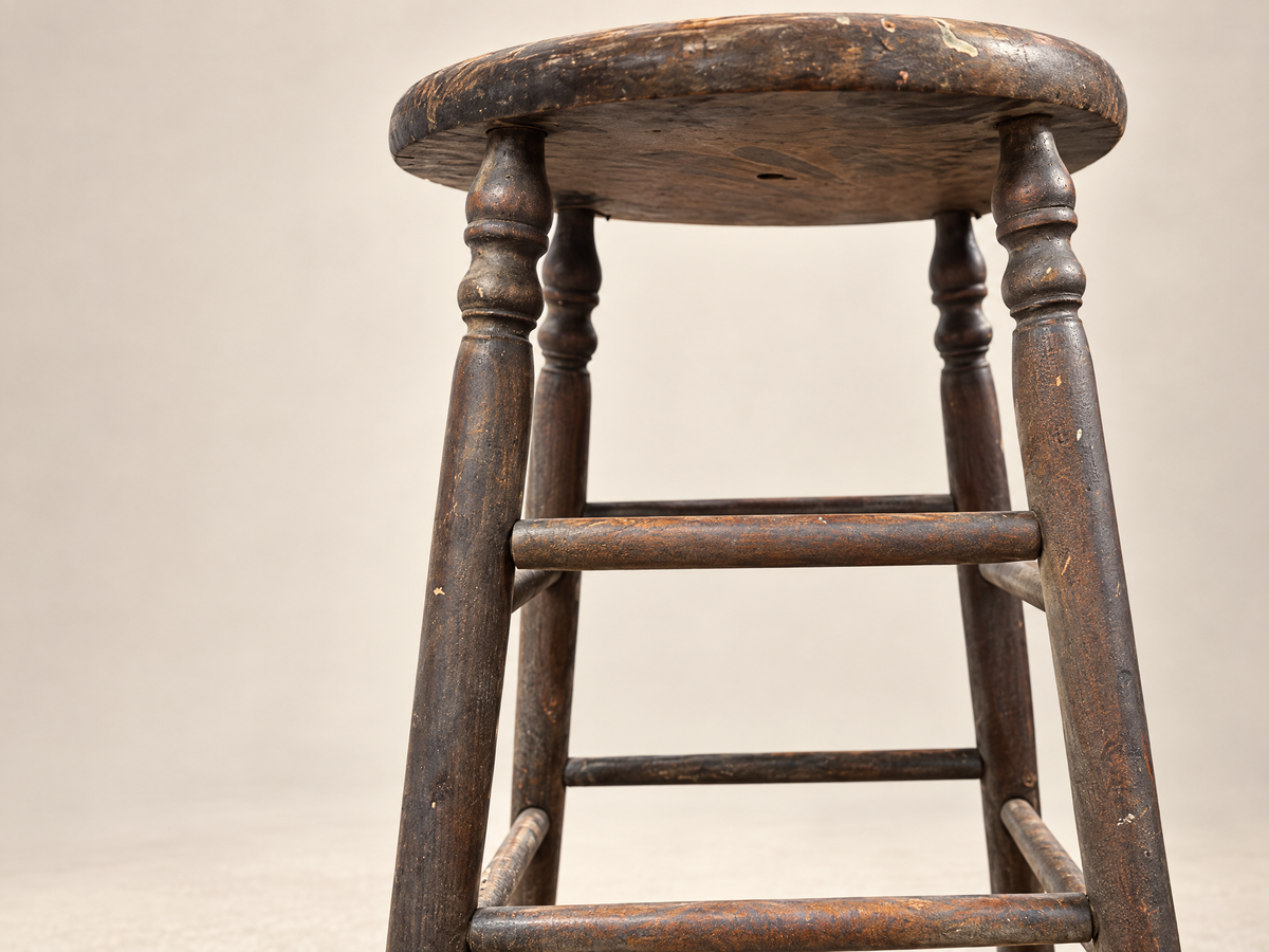 Antique Primitive Turned Wood Tall Stool with Maker’s Mark