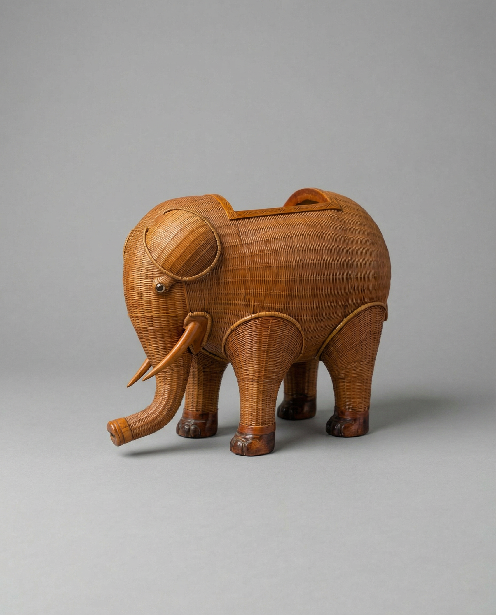 Vintage Woven Rattan Elephant Storage Box