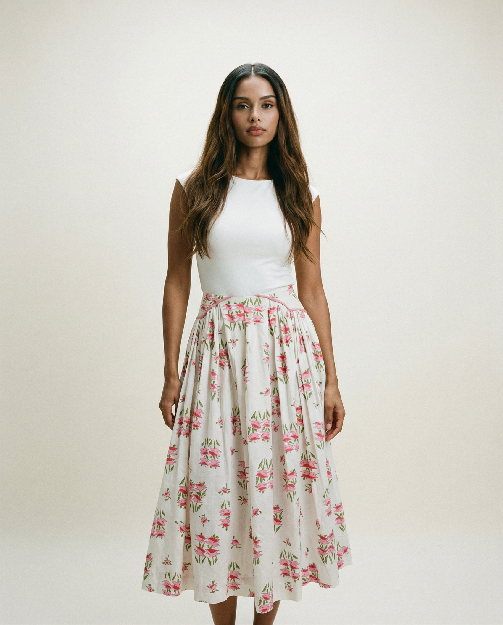 Vintage Pink Floral Full Cotton Skirt - XS