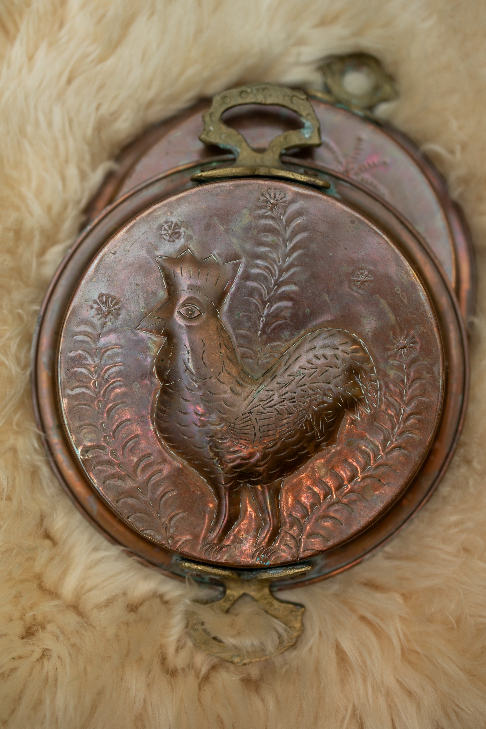 Set of Embossed Copper Wall Plaques — Rooster & Duck