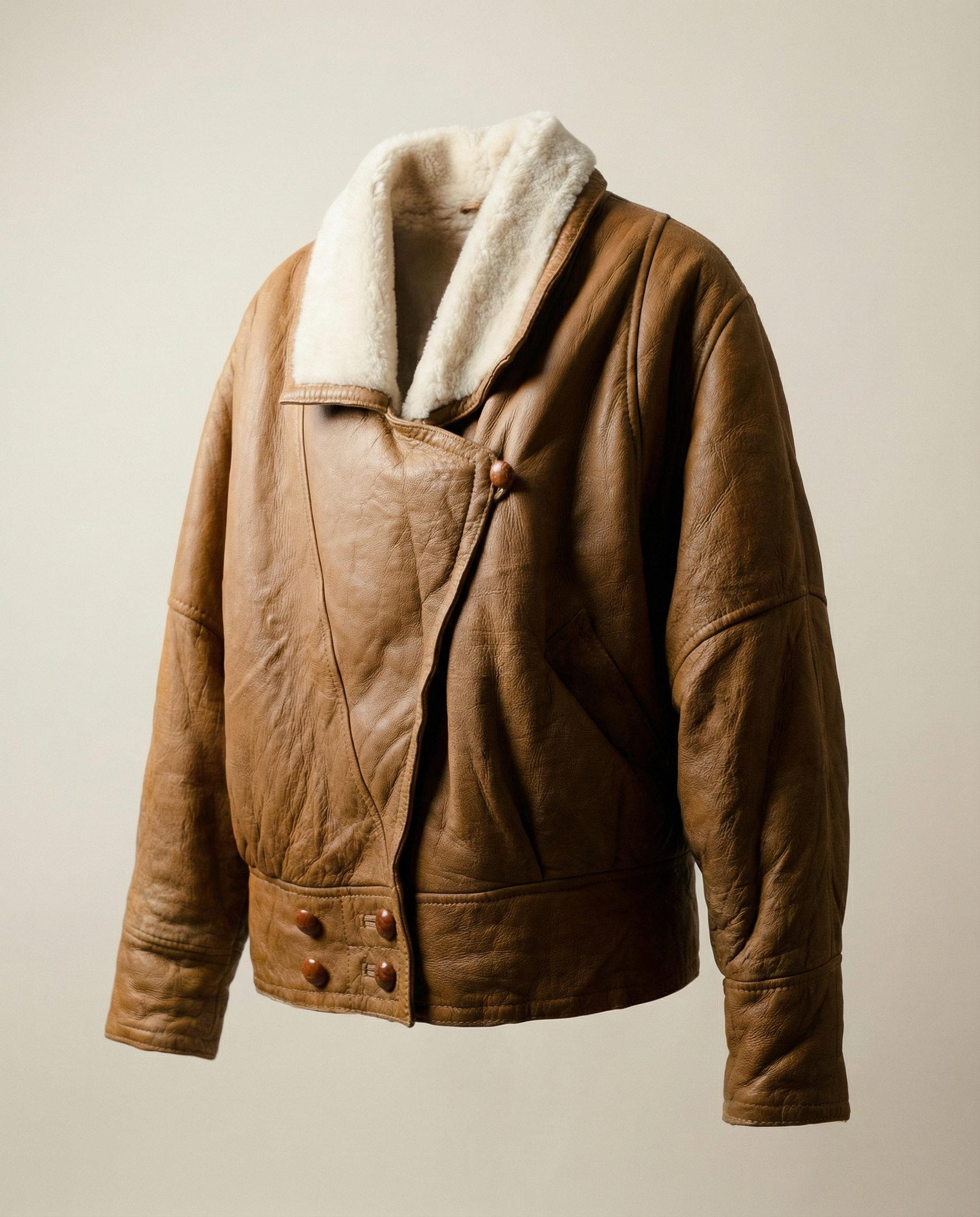Vintage Brown Shearling Leather Jacket with Cream Wool Lining – Size M