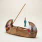 Vintage Handcrafted Birch Bark Canoe with Paddle & Fisherman Figure