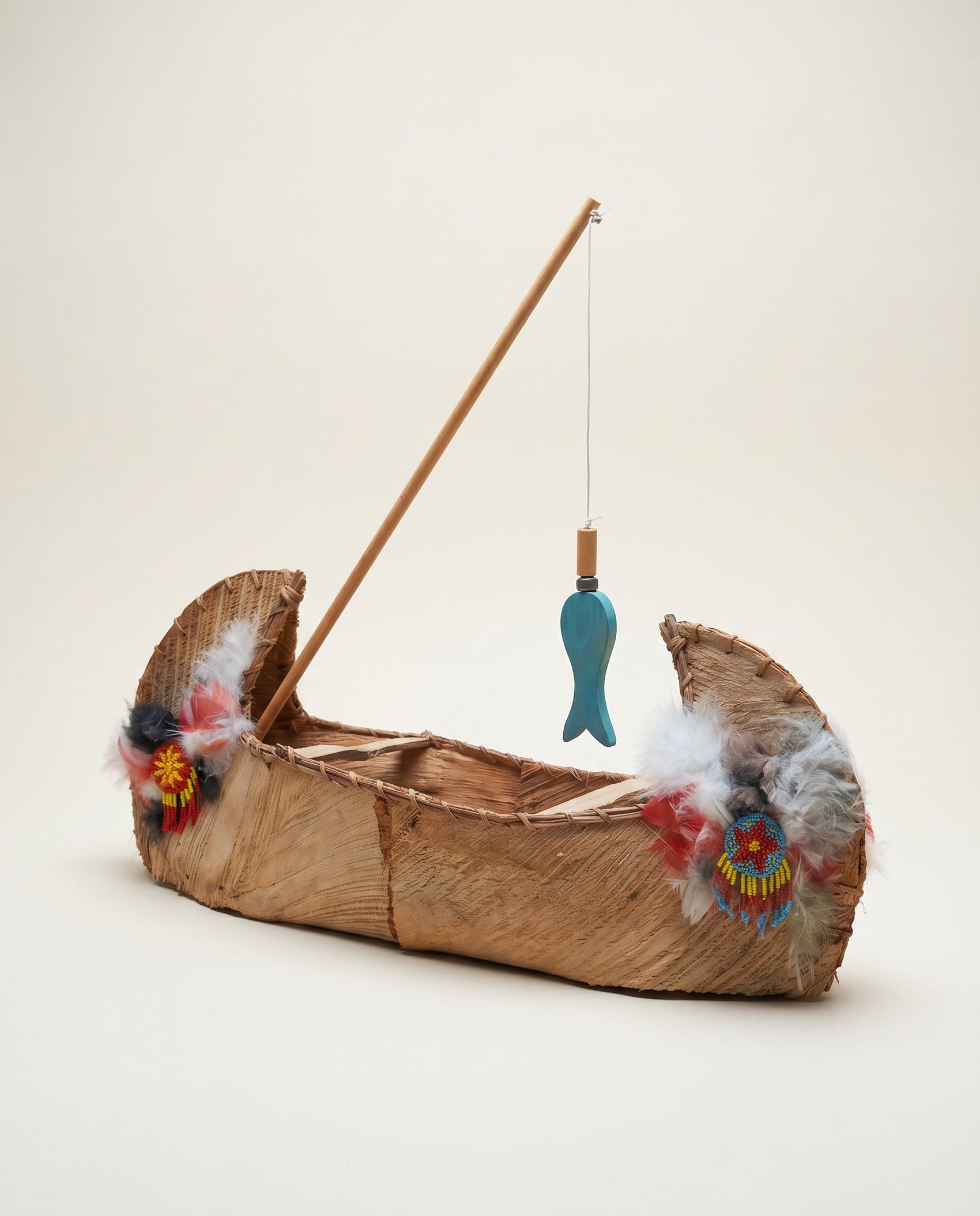 Vintage Handcrafted Birch Bark Canoe with Paddle & Fisherman Figure