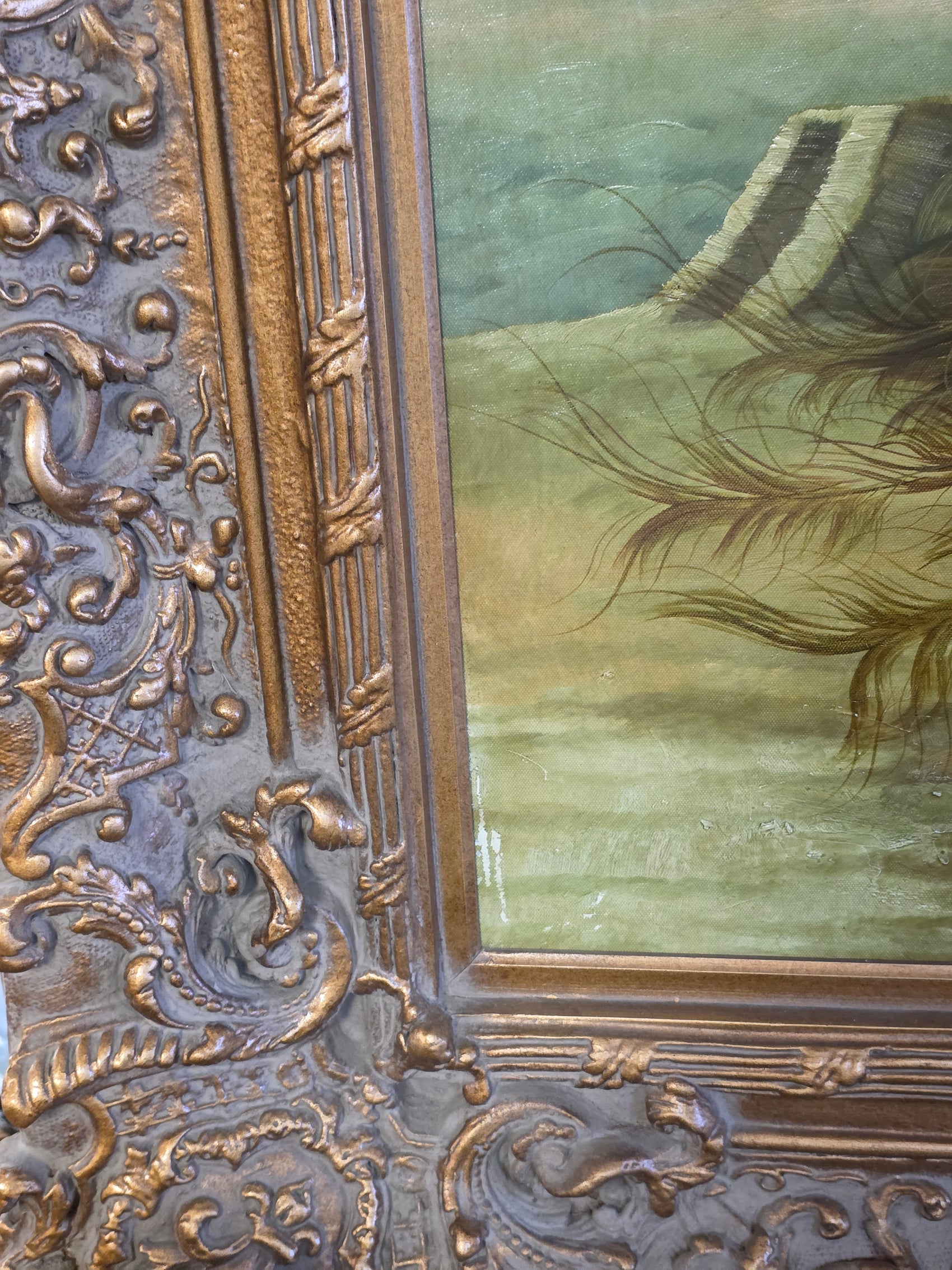 Ornate Framed Peacock Oil Painting on Canvas, Signed 49" W × 62" H