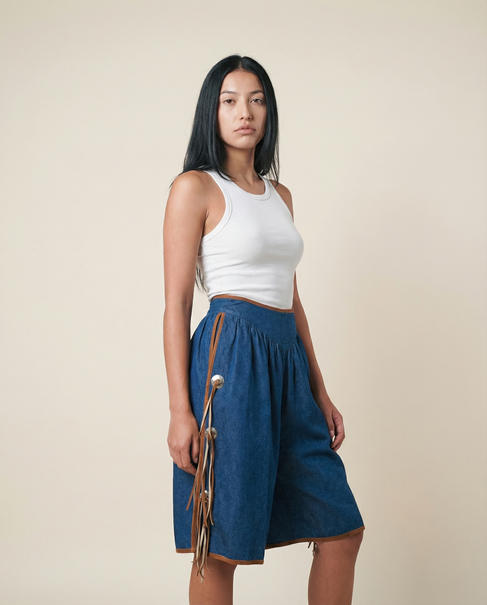 1970s Denim Gaucho Culottes with Leather Fringe and Conchos
