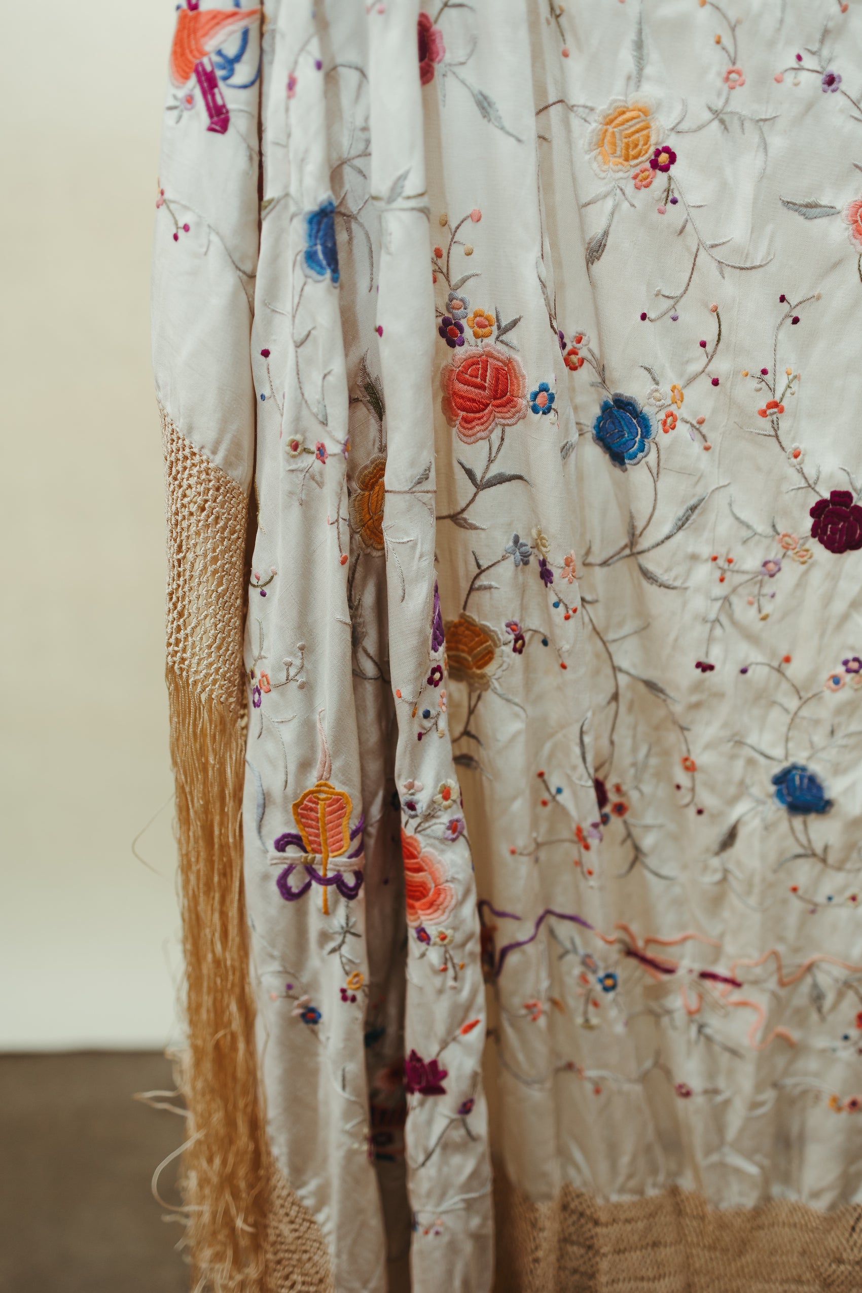 Vintage Embroidered Piano Shawl with Long Fringe