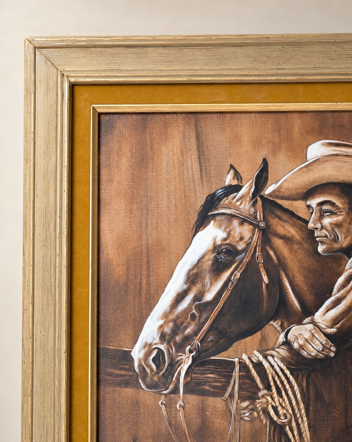 Vintage Western Cowboy & Horse Framed Canvas Print - 22" W x 26" L