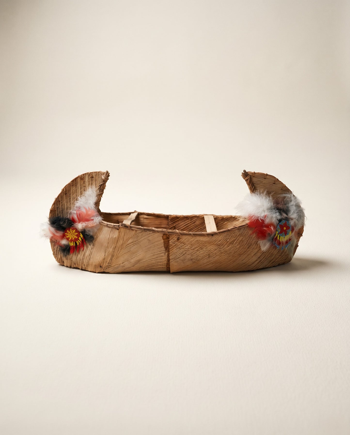 Vintage Handcrafted Birch Bark Canoe with Paddle & Fisherman Figure