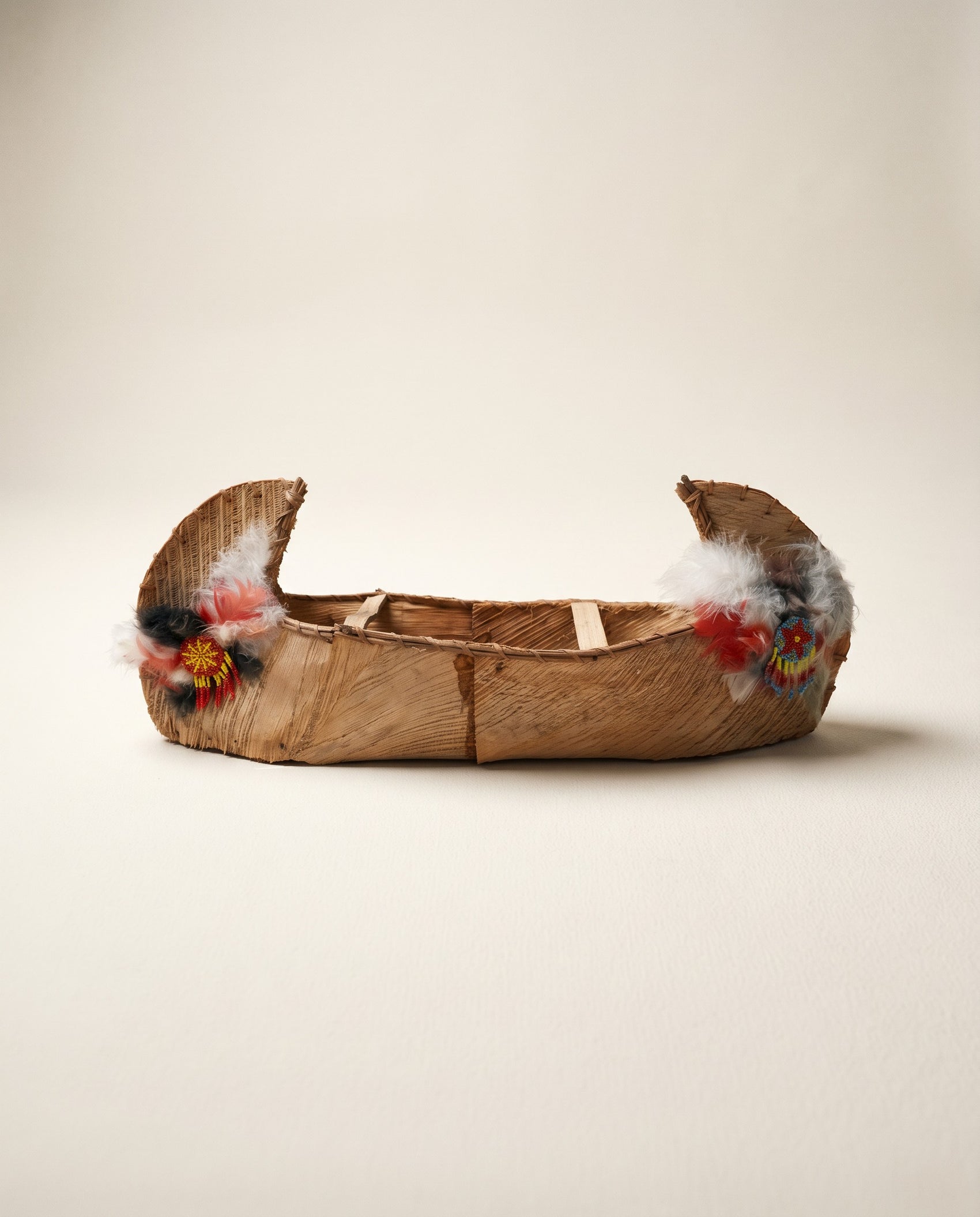 Vintage Handcrafted Birch Bark Canoe with Paddle & Fisherman Figure