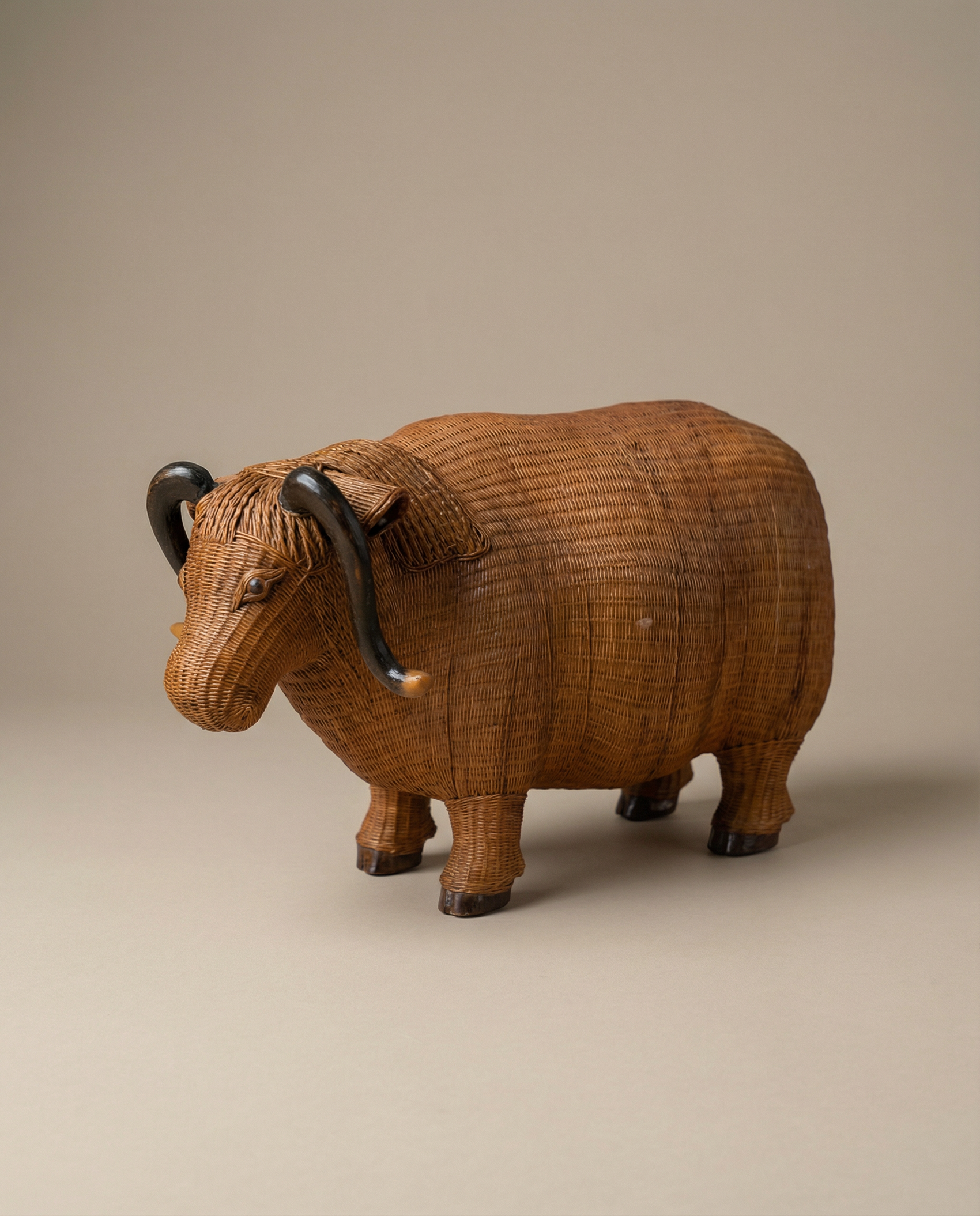 Vintage Woven Rattan Buffalo Figurine