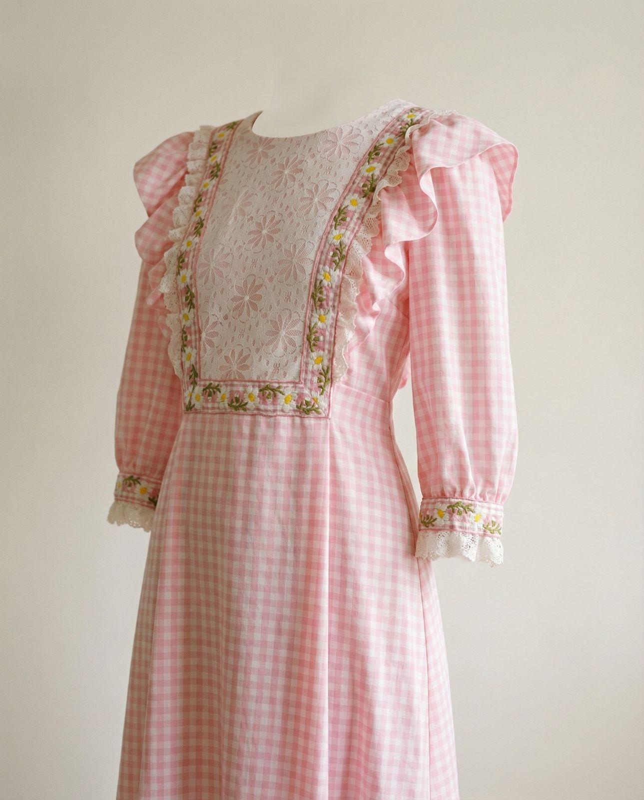 Vintage Pink Gingham Lace Trim Prairie Maxi Dress