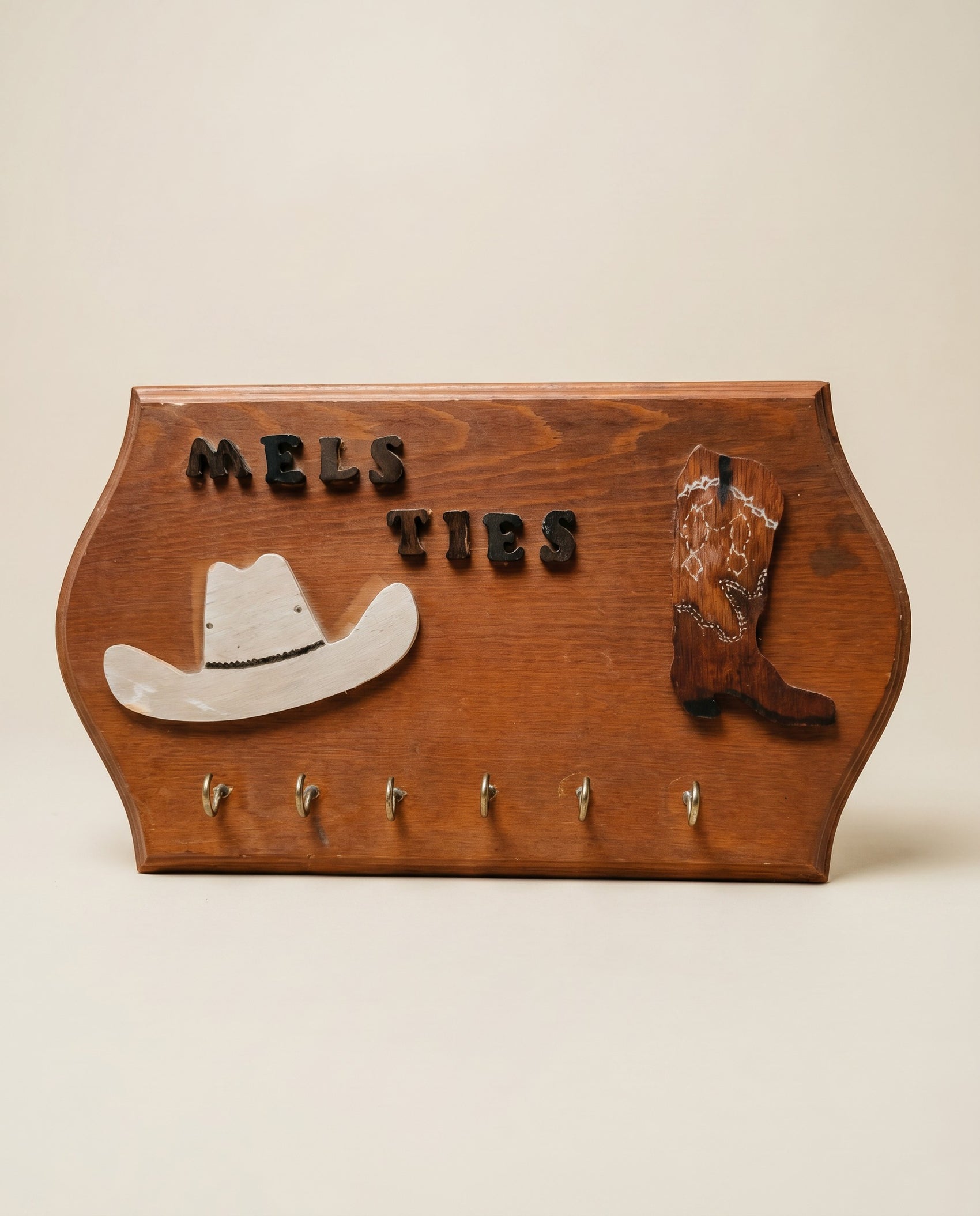 Vintage Western “Mel’s Ties” Wooden Wall Rack
